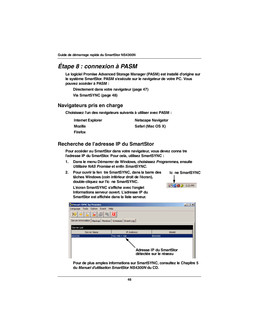 Promise Technology NS4300N Étape 8 connexion à Pasm, Navigateurs pris en charge, Recherche de ladresse IP du SmartStor 