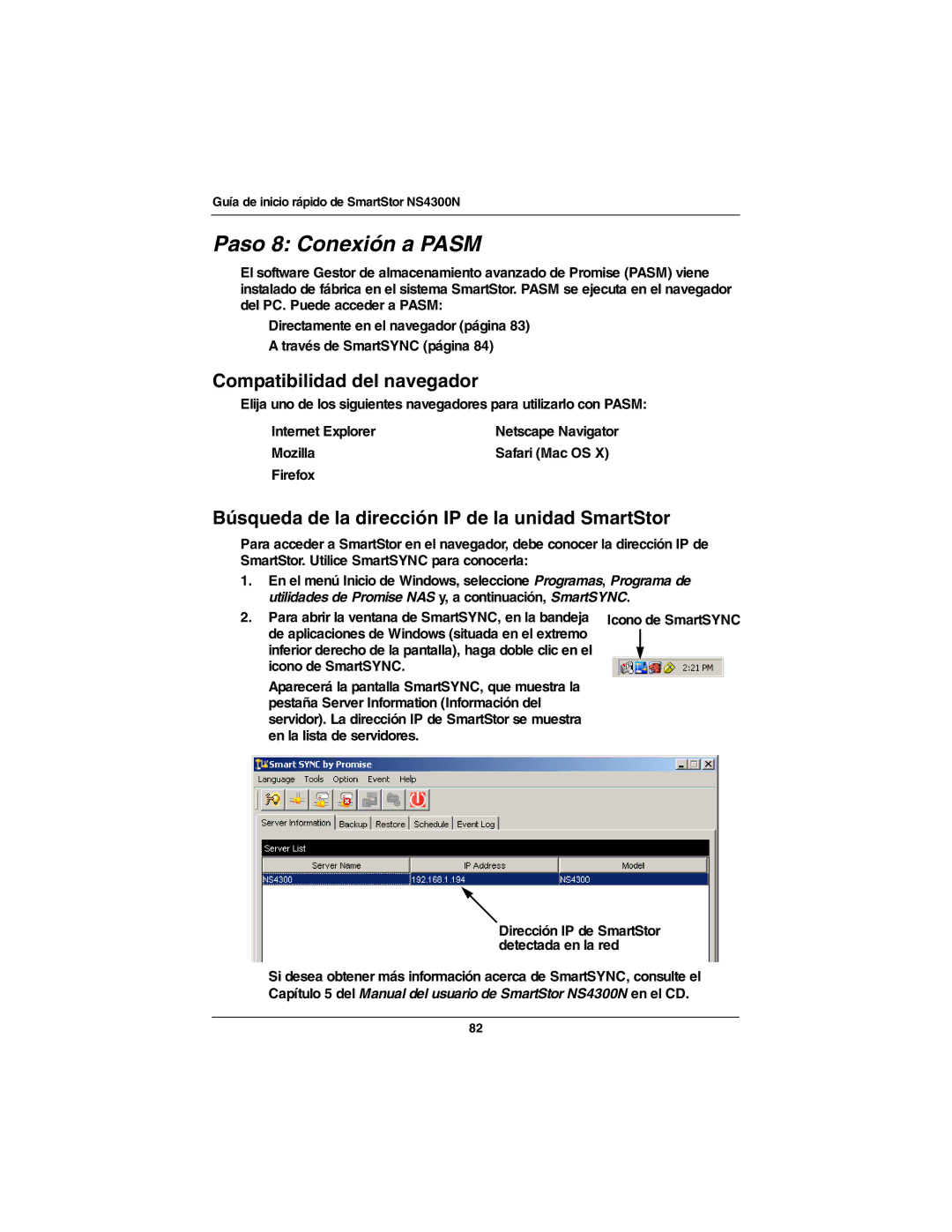 Promise Technology NS4300N quick start Paso 8 Conexión a Pasm, Compatibilidad del navegador 