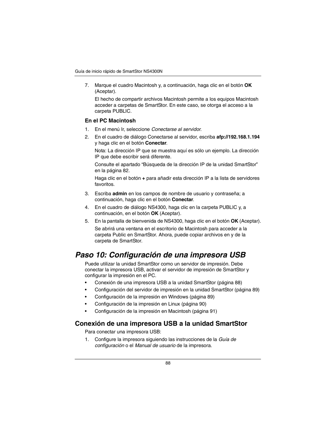 Promise Technology NS4300N Paso 10 Configuración de una impresora USB, Conexión de una impresora USB a la unidad SmartStor 