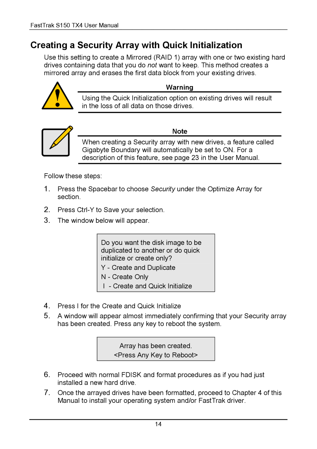 Promise Technology S150 user manual Creating a Security Array with Quick Initialization 