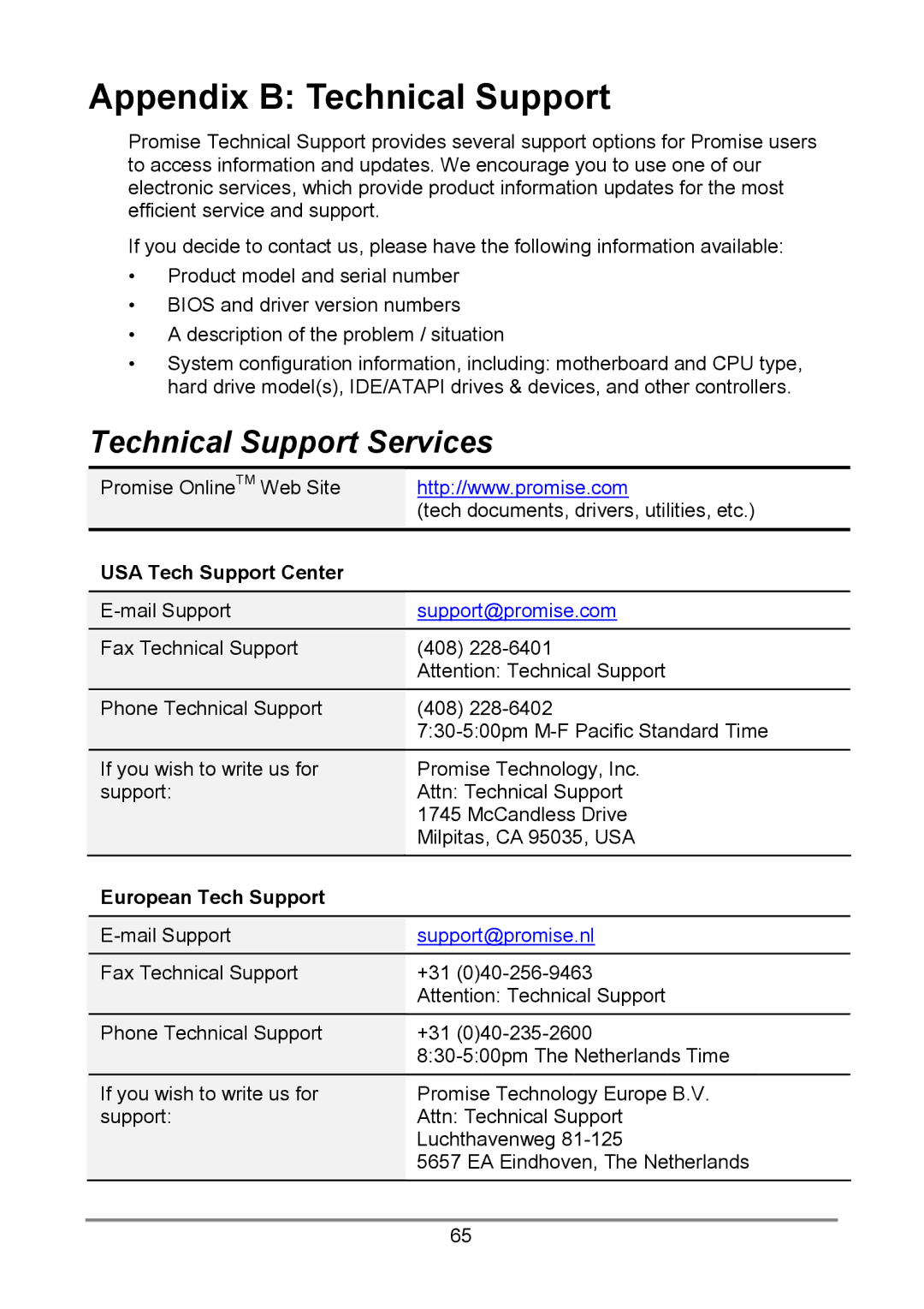 Promise Technology S150 user manual Appendix B Technical Support, Technical Support Services, USA Tech Support Center 