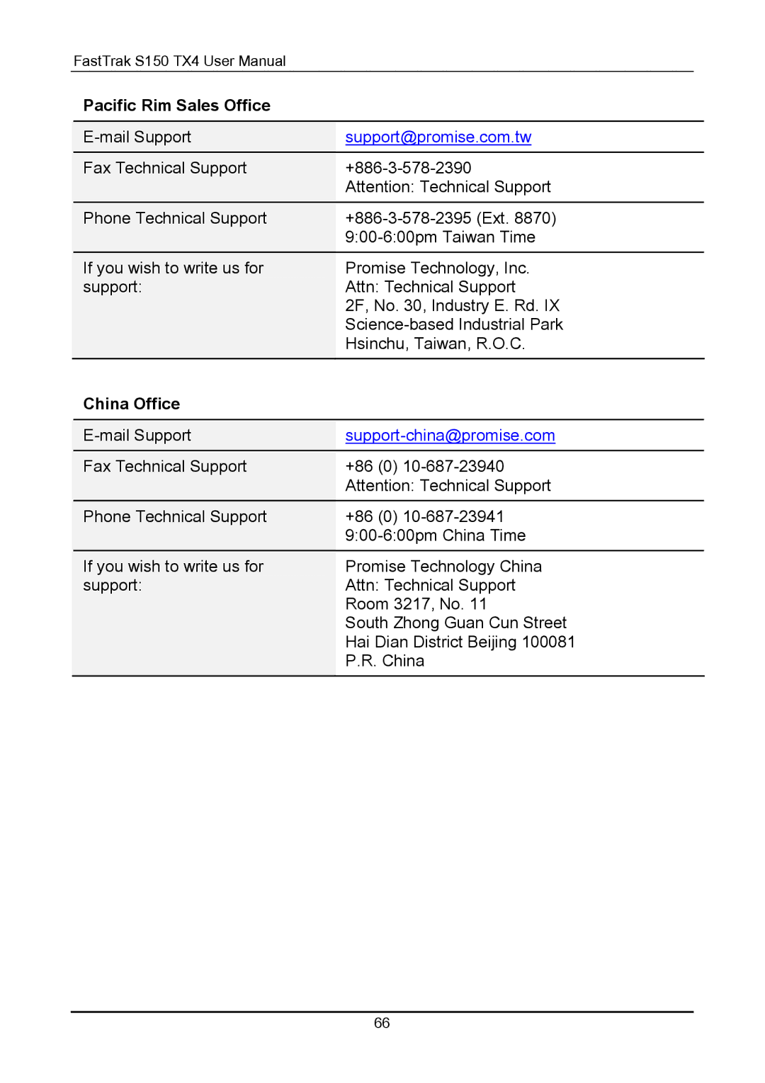 Promise Technology S150 user manual Pacific Rim Sales Office, China Office 