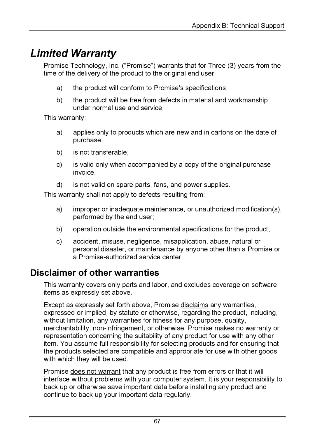 Promise Technology S150 user manual Limited Warranty, Disclaimer of other warranties 