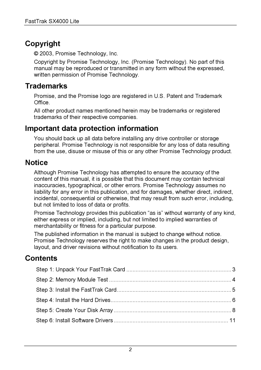Promise Technology SX4000 Lite quick start Copyright 