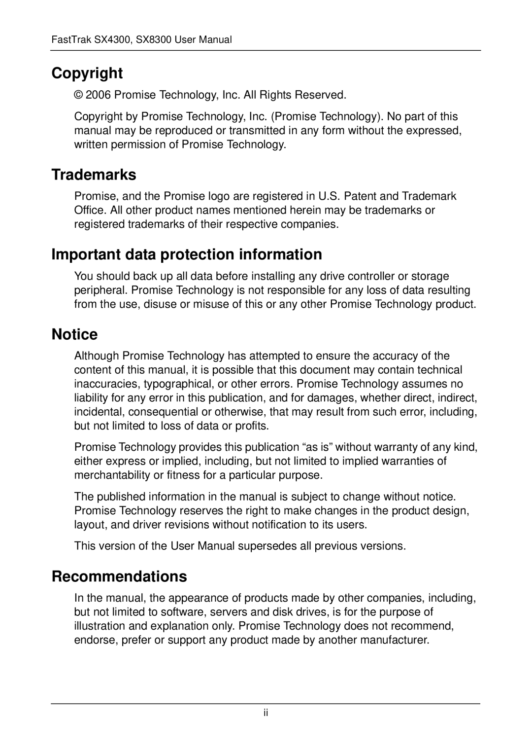 Promise Technology SX4300, SX8300 user manual Copyright, Trademarks, Important data protection information, Recommendations 