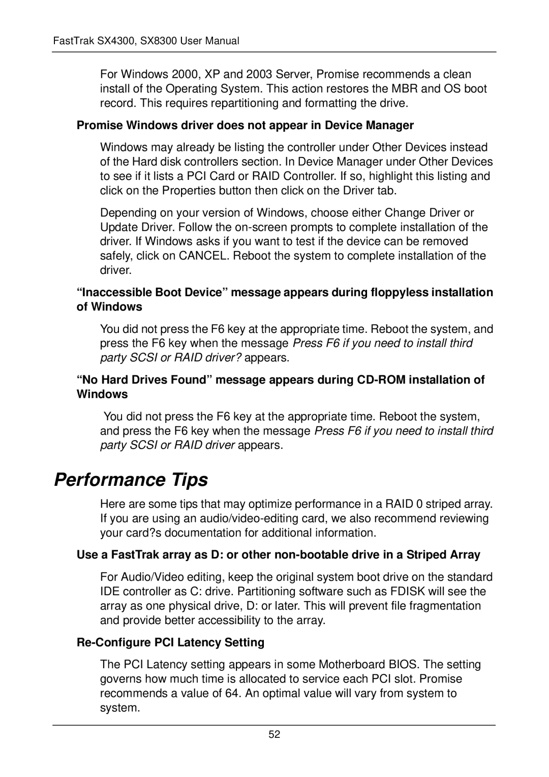 Promise Technology SX4300, SX8300 user manual Performance Tips, Promise Windows driver does not appear in Device Manager 