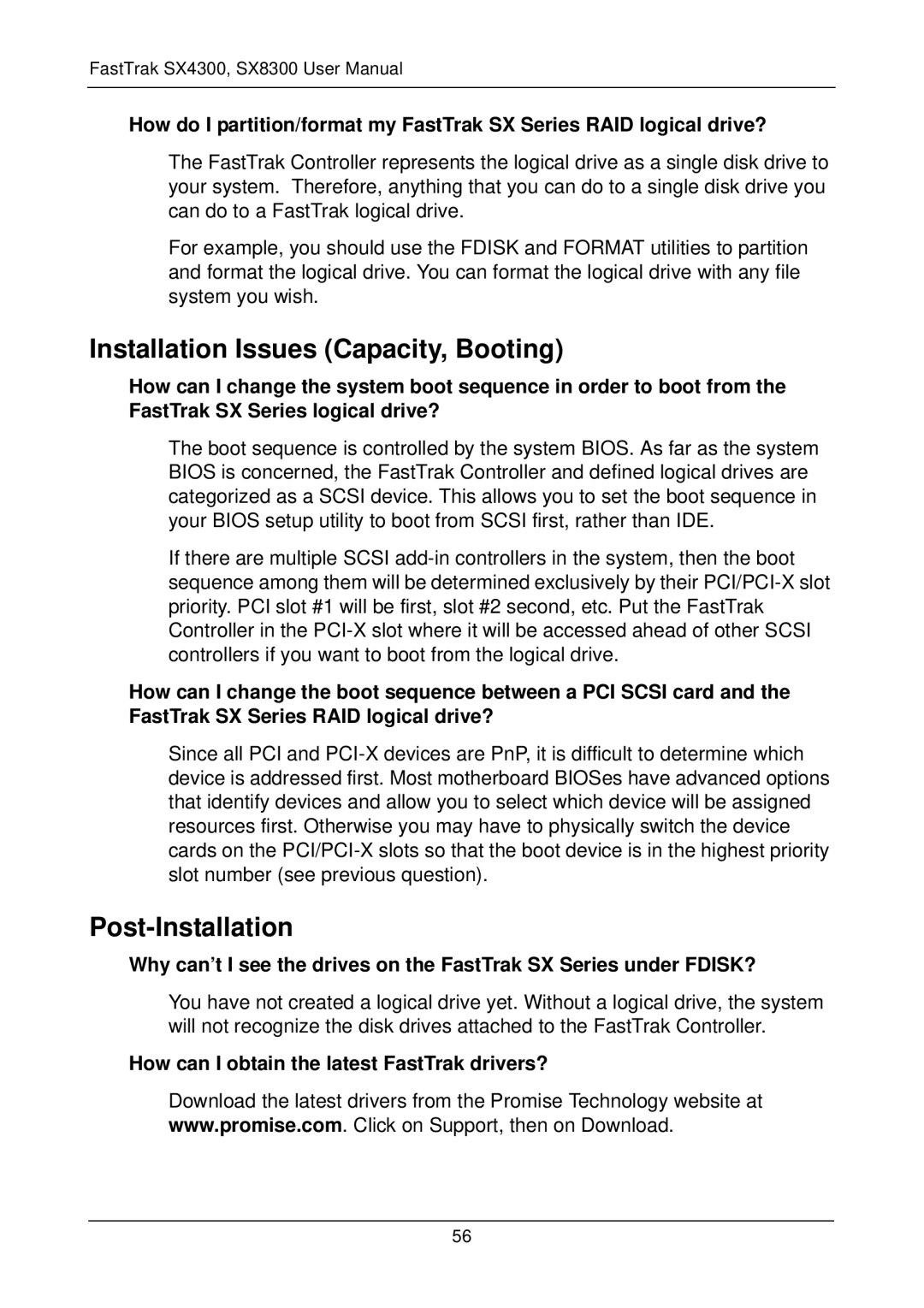 Promise Technology SX4300, SX8300 user manual Installation Issues Capacity, Booting, Post-Installation 