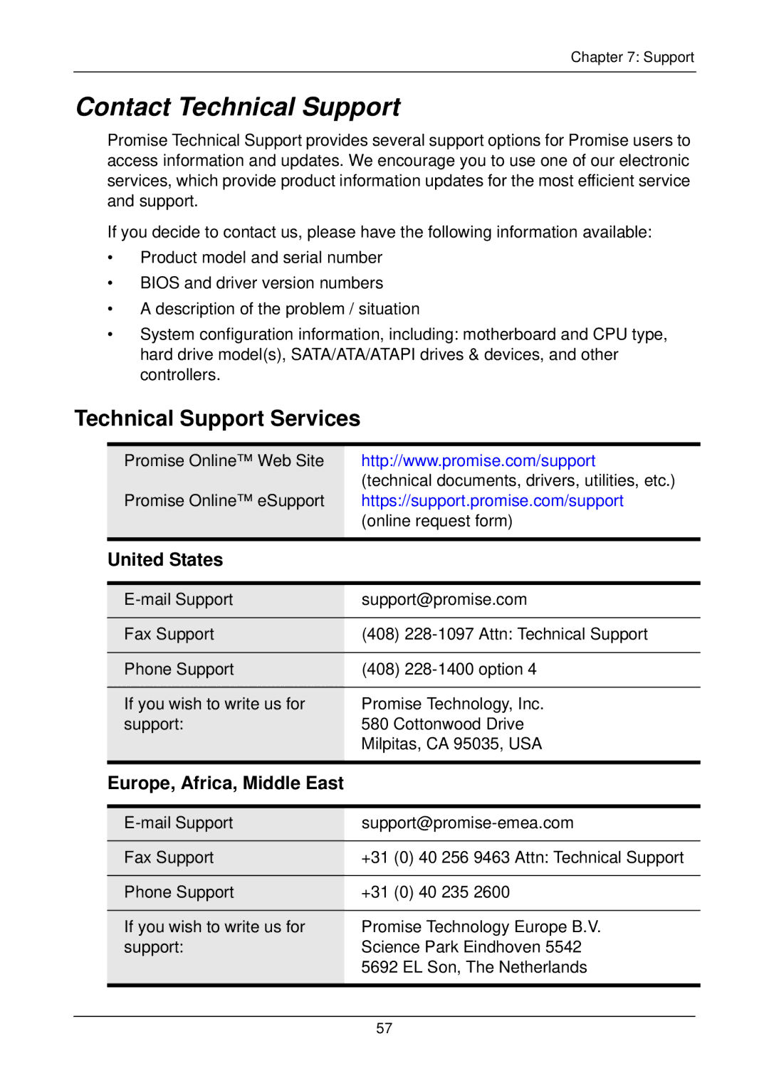 Promise Technology SX8300, SX4300 user manual Contact Technical Support, Technical Support Services, United States 