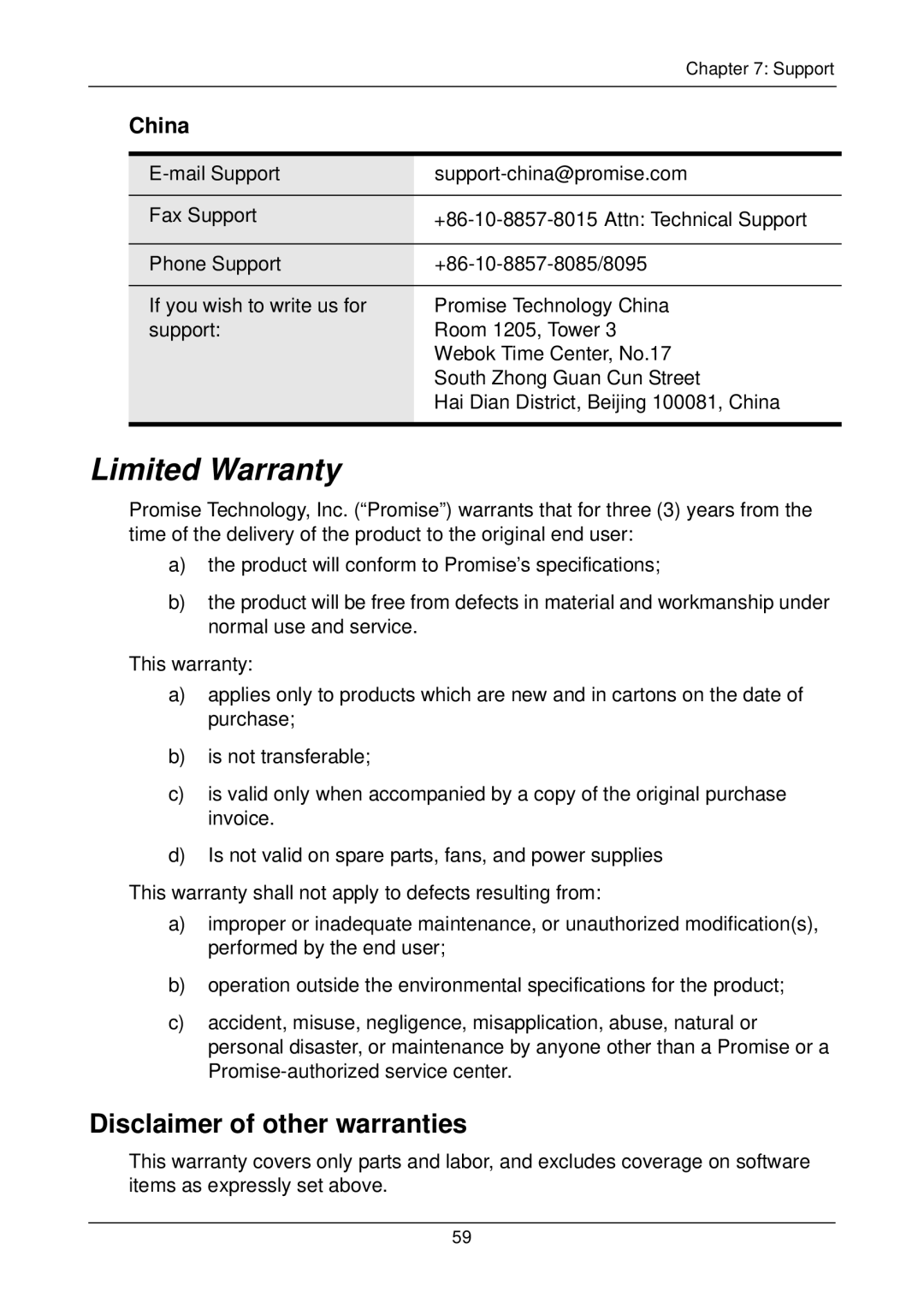 Promise Technology SX8300, SX4300 user manual Limited Warranty, Disclaimer of other warranties, China 