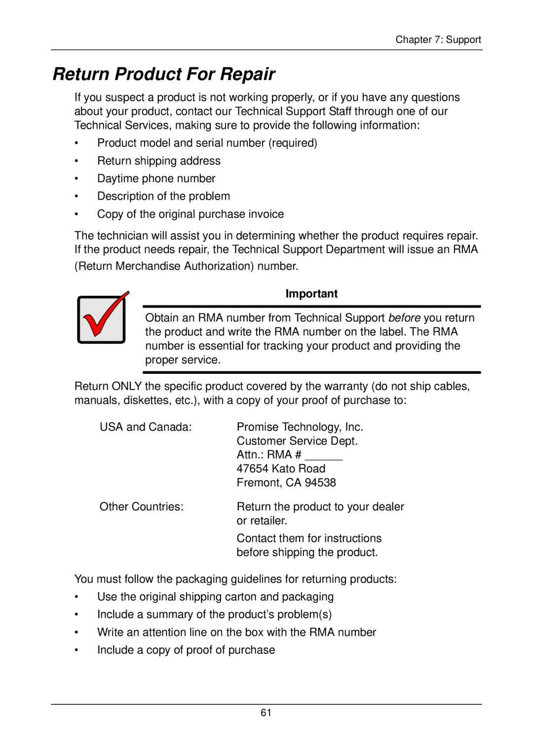 Promise Technology SX8300, SX4300 user manual Return Product For Repair 