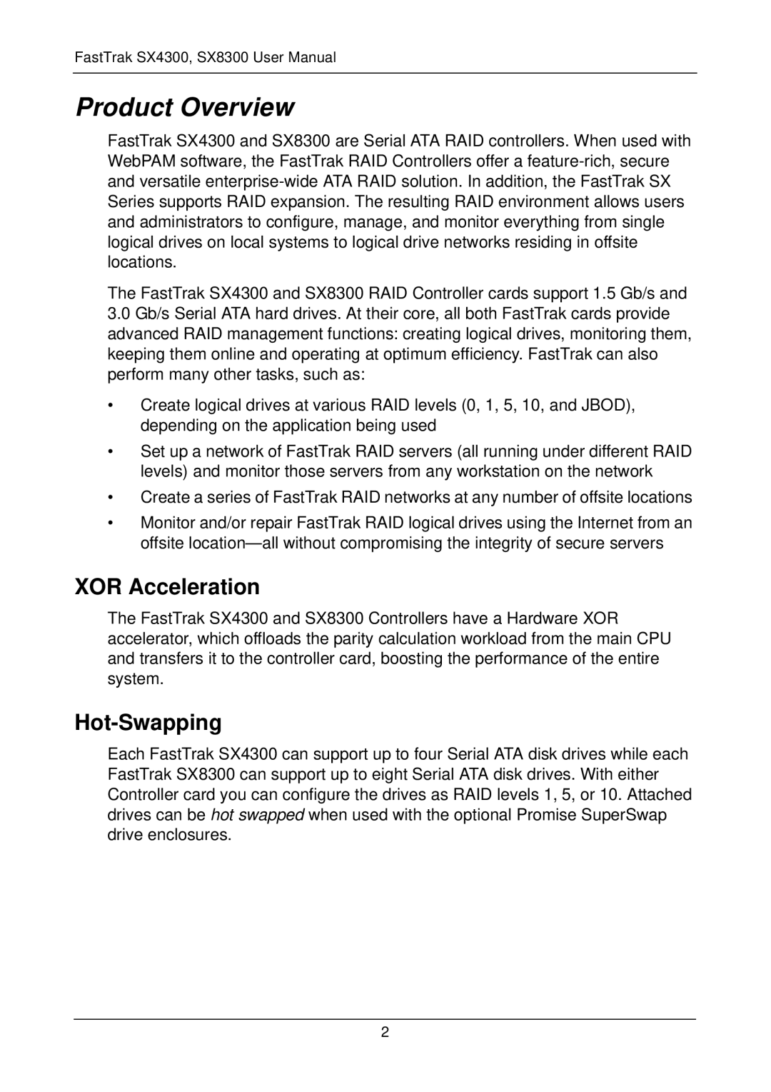 Promise Technology SX4300, SX8300 user manual Product Overview, XOR Acceleration, Hot-Swapping 