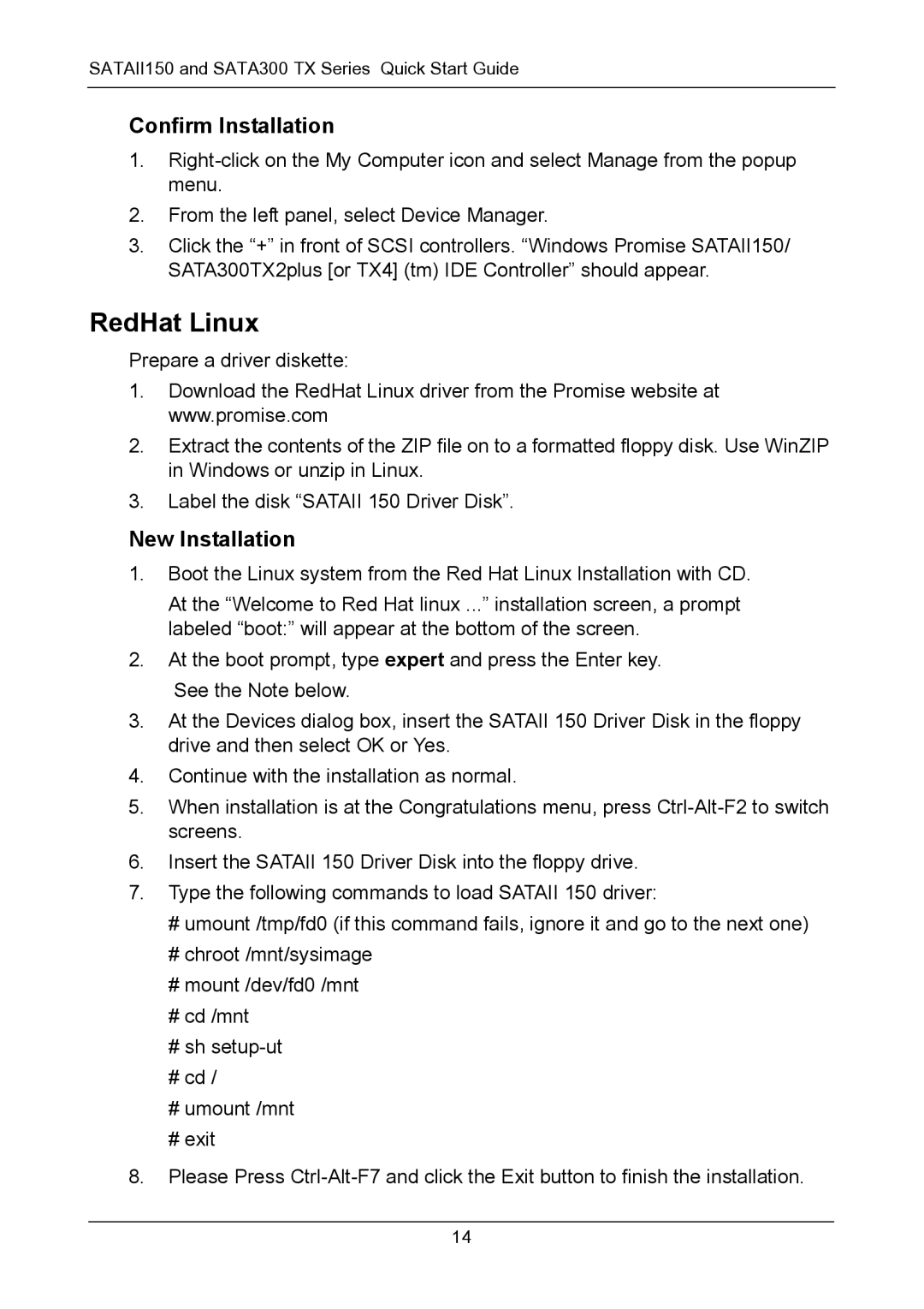 Promise Technology TX Series Serial ATA Controller Cards, SATAII150, SATA 300 quick start RedHat Linux 