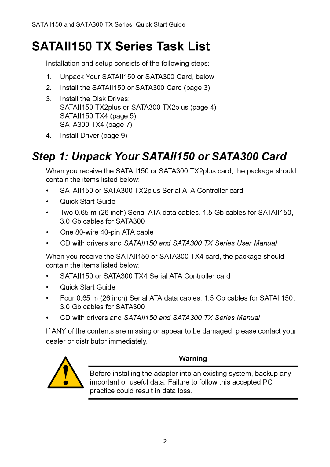 Promise Technology TX Series Serial ATA Controller Cards, SATA 300 quick start SATAII150 TX Series Task List 