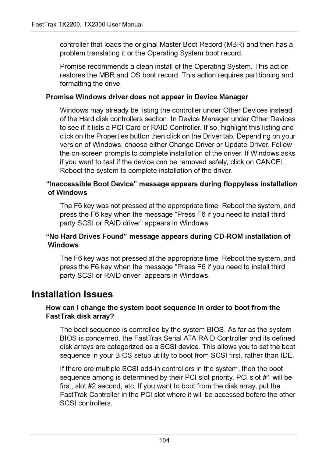 Promise Technology TX2200, TX2300 user manual Installation Issues, Promise Windows driver does not appear in Device Manager 
