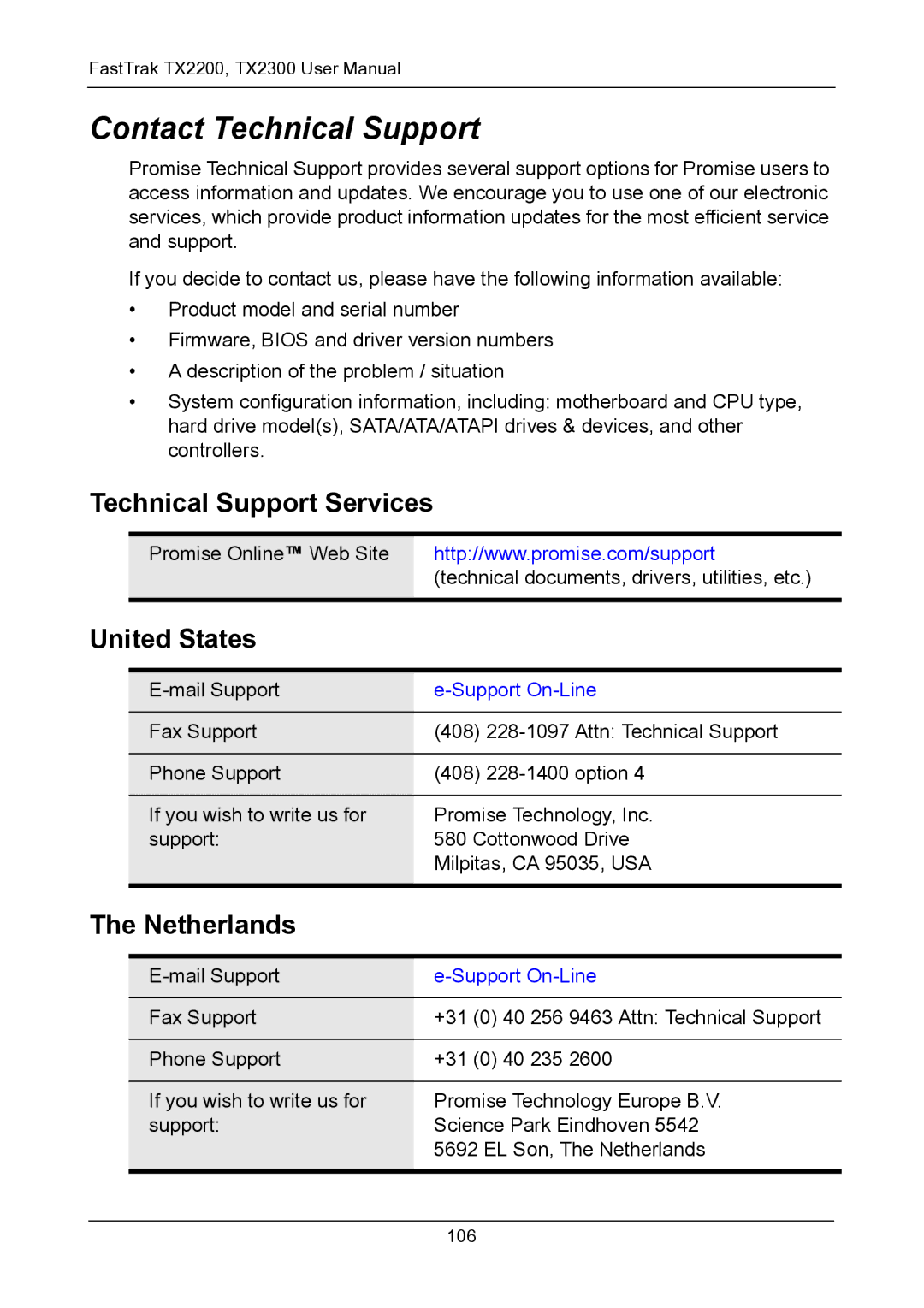 Promise Technology TX2200, TX2300 Contact Technical Support, Technical Support Services, United States, Netherlands 