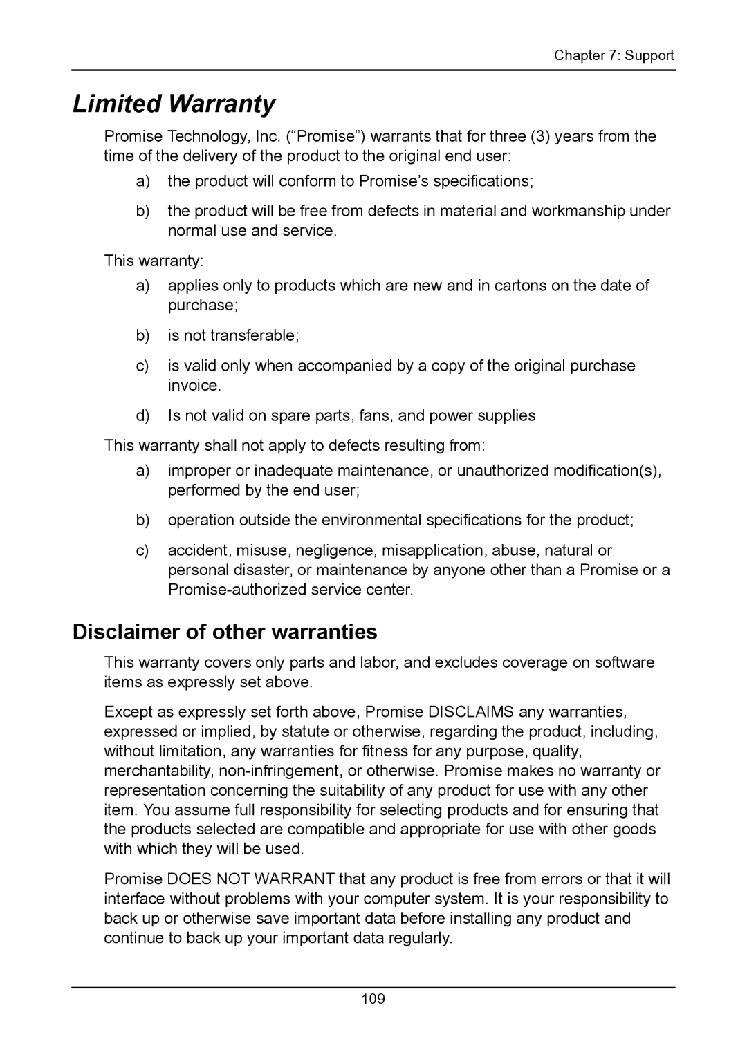 Promise Technology TX2300, TX2200 user manual Limited Warranty, Disclaimer of other warranties 