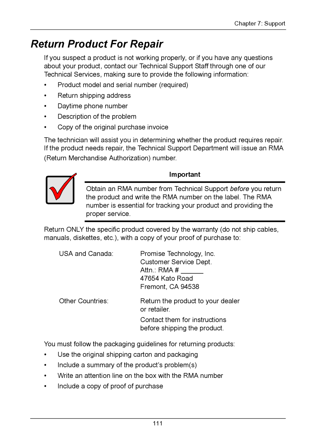 Promise Technology TX2300, TX2200 user manual Return Product For Repair 