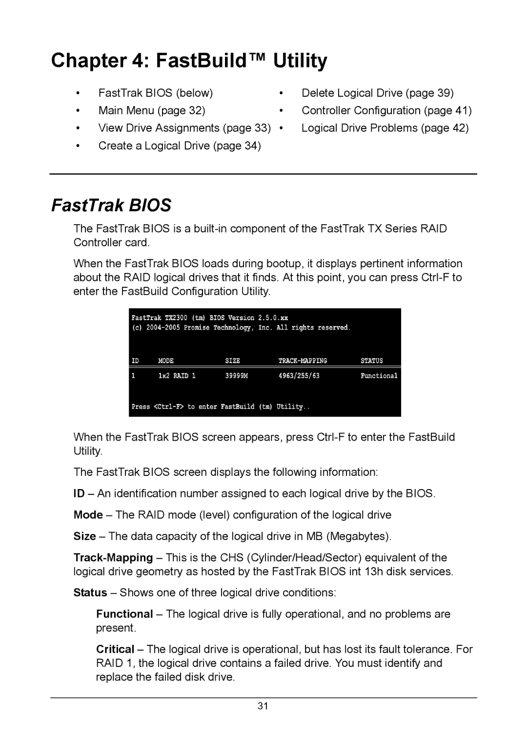 Promise Technology TX2300, TX2200 user manual FastBuild Utility, FastTrak Bios 