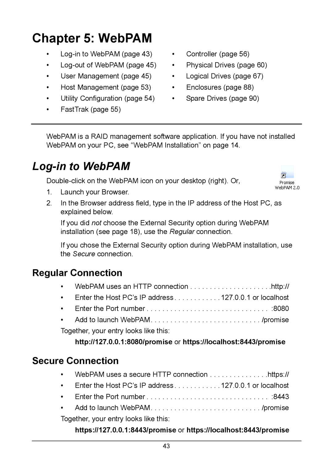 Promise Technology TX2300, TX2200 user manual Log-in to WebPAM, Regular Connection, Secure Connection 