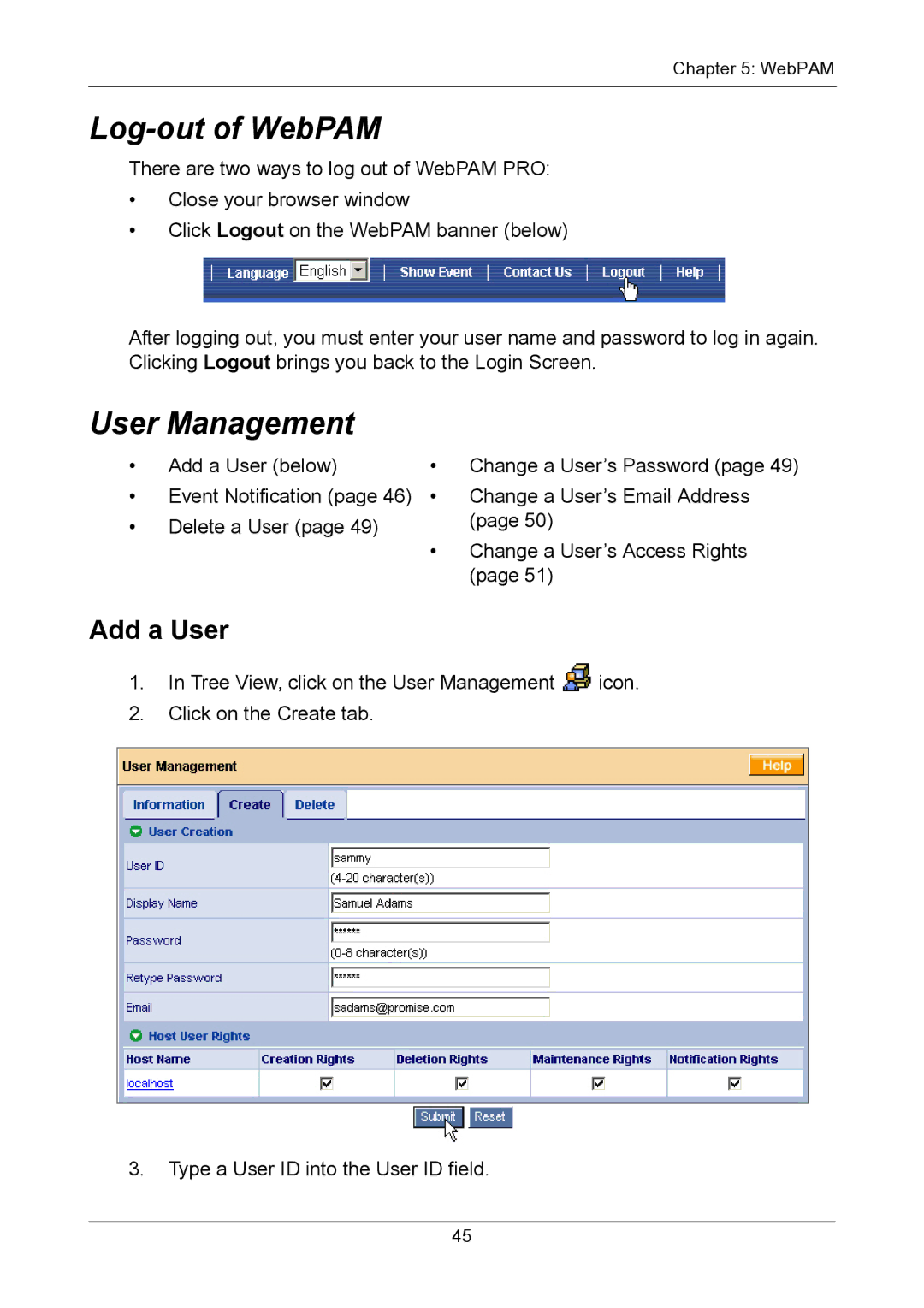 Promise Technology TX2300, TX2200 user manual Log-out of WebPAM, User Management, Add a User 