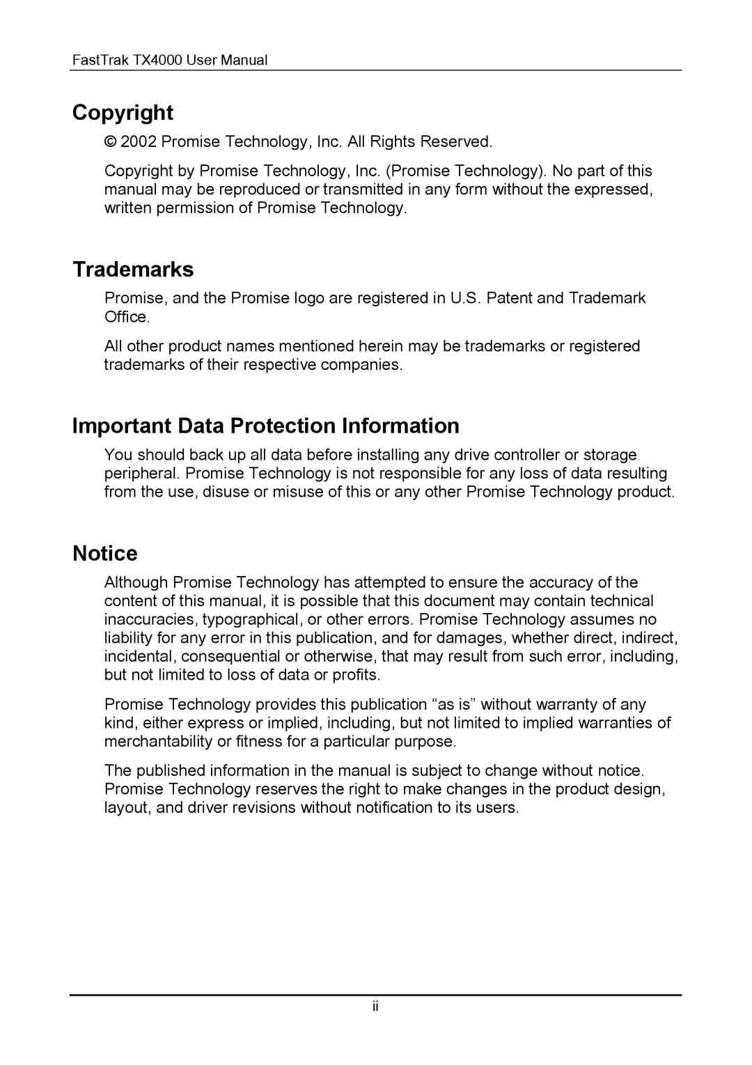 Promise Technology TX4000 user manual Copyright, Trademarks, Important Data Protection Information 