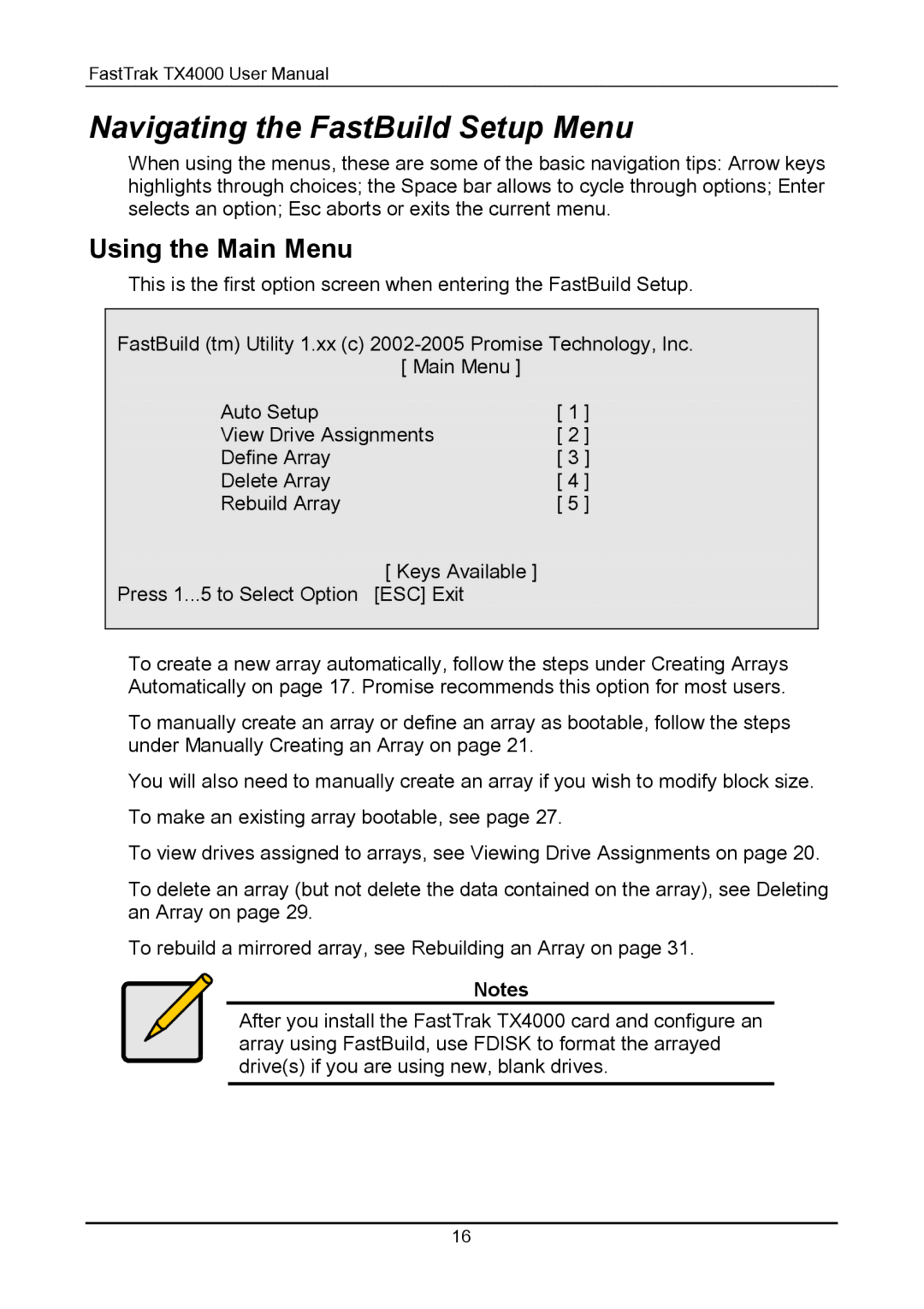 Promise Technology TX4000 user manual Navigating the FastBuild Setup Menu, Using the Main Menu 