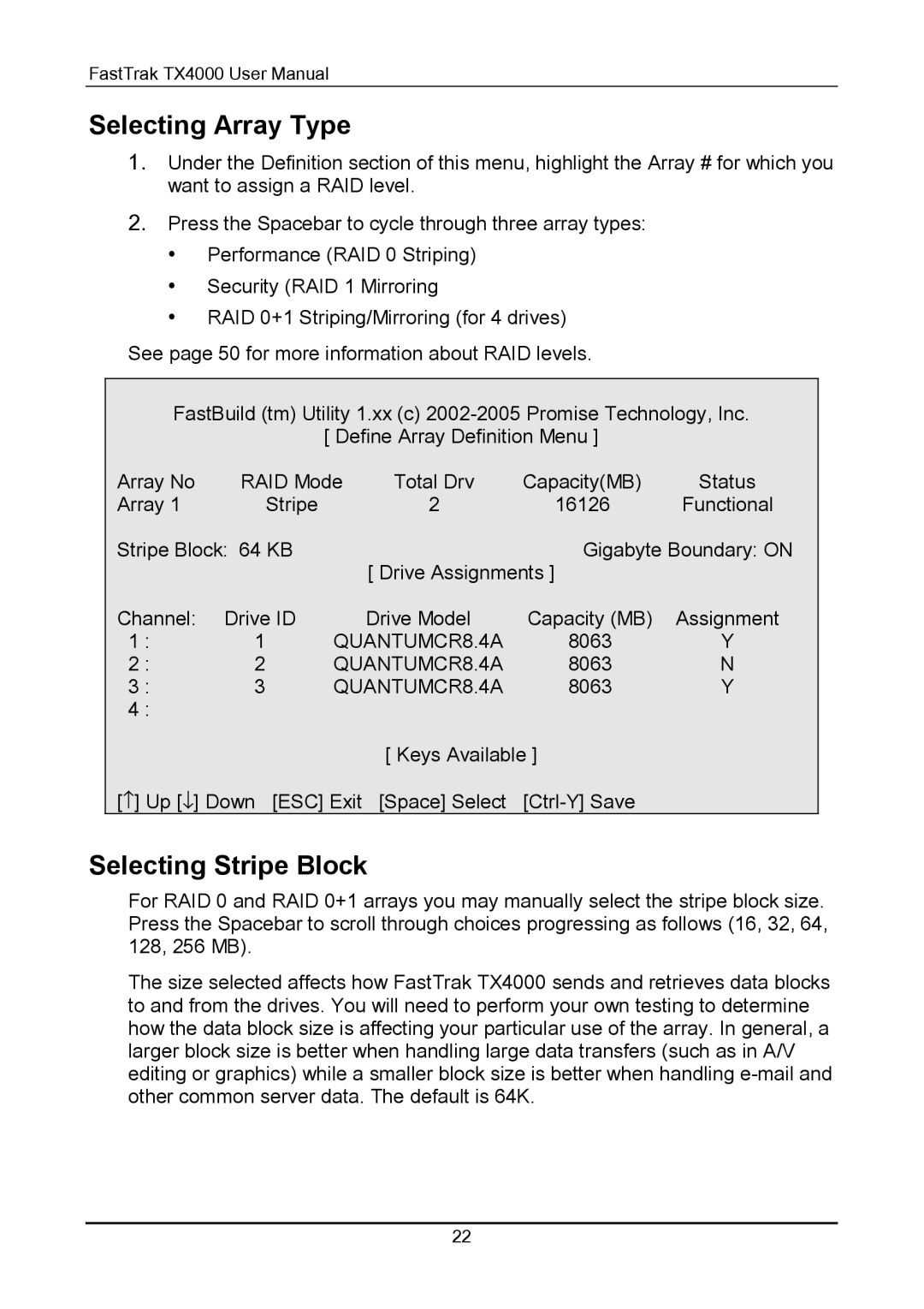 Promise Technology TX4000 user manual Selecting Array Type, Selecting Stripe Block 