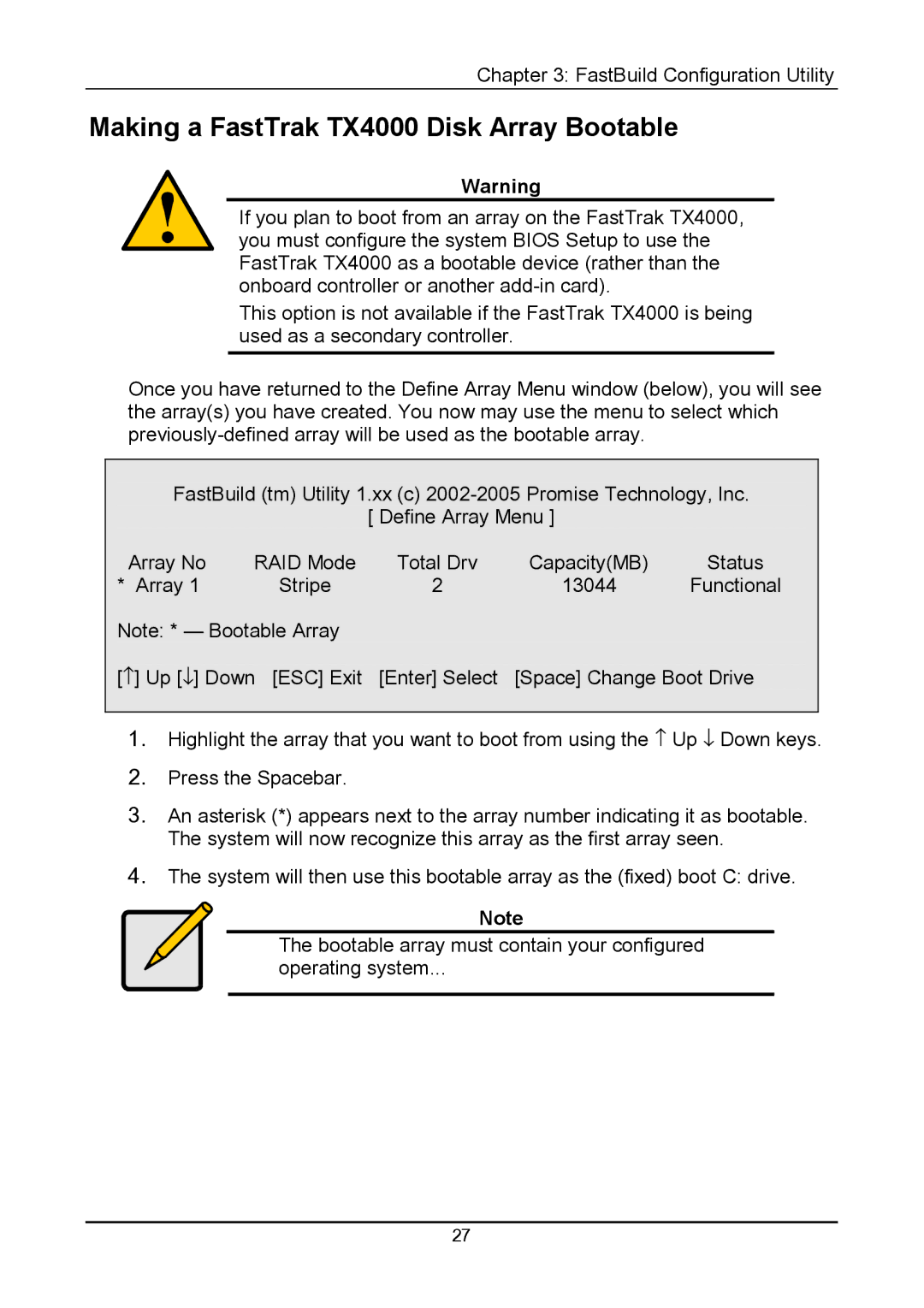 Promise Technology user manual Making a FastTrak TX4000 Disk Array Bootable 