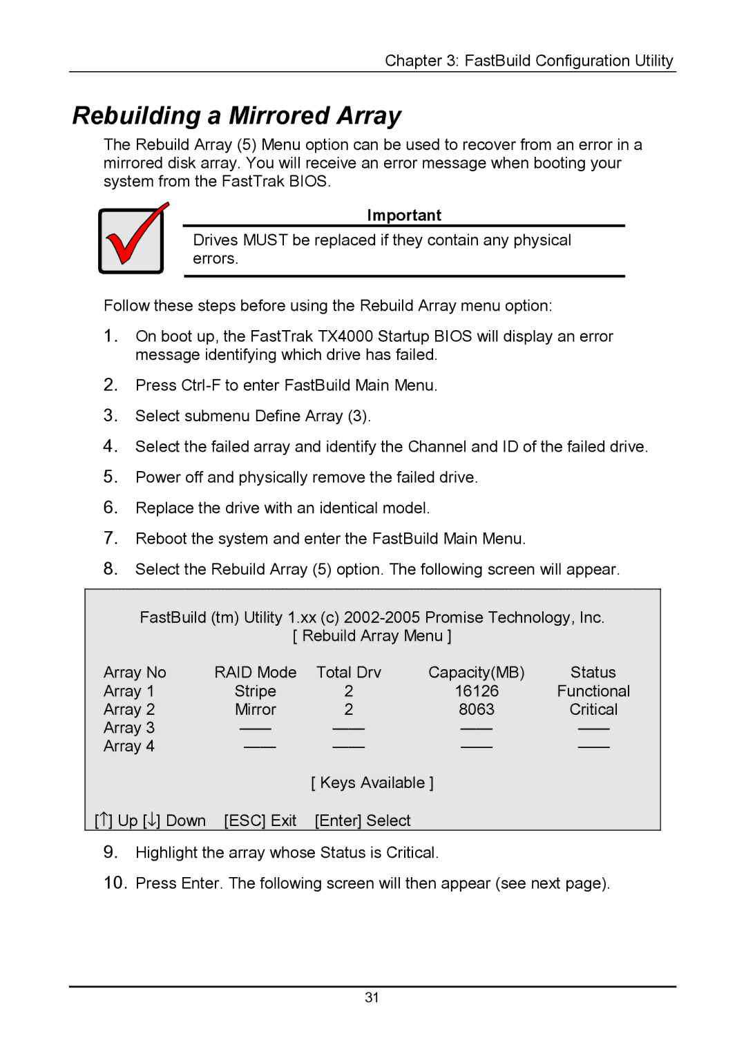 Promise Technology TX4000 user manual Rebuilding a Mirrored Array 