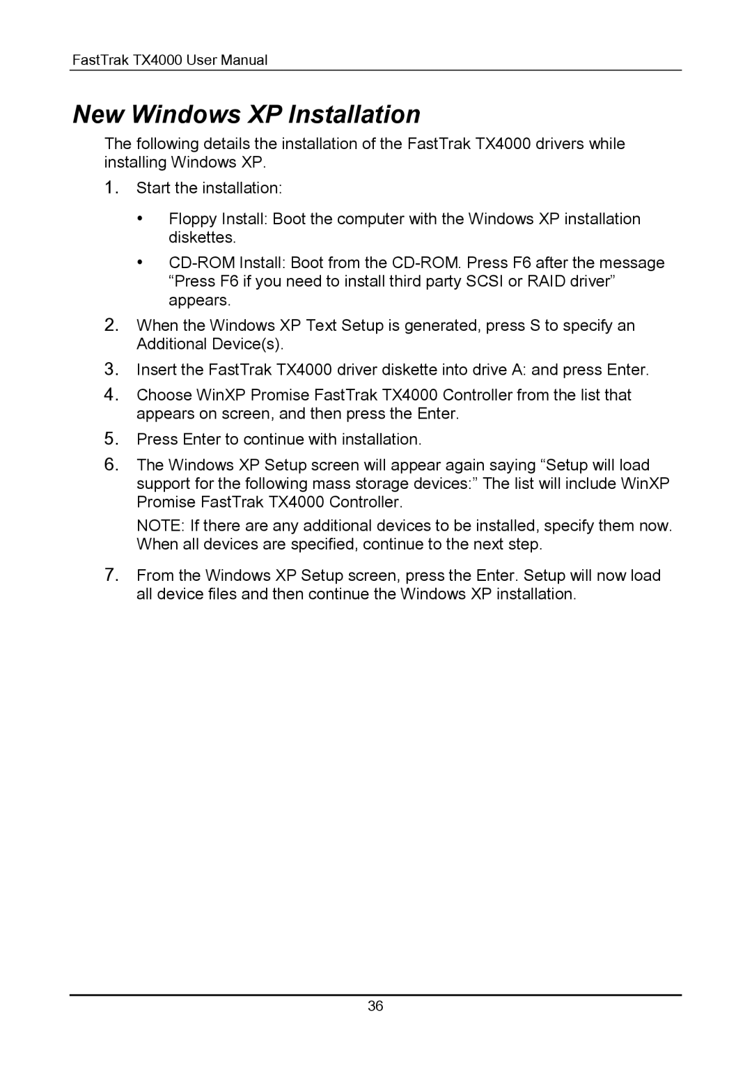 Promise Technology TX4000 user manual New Windows XP Installation 