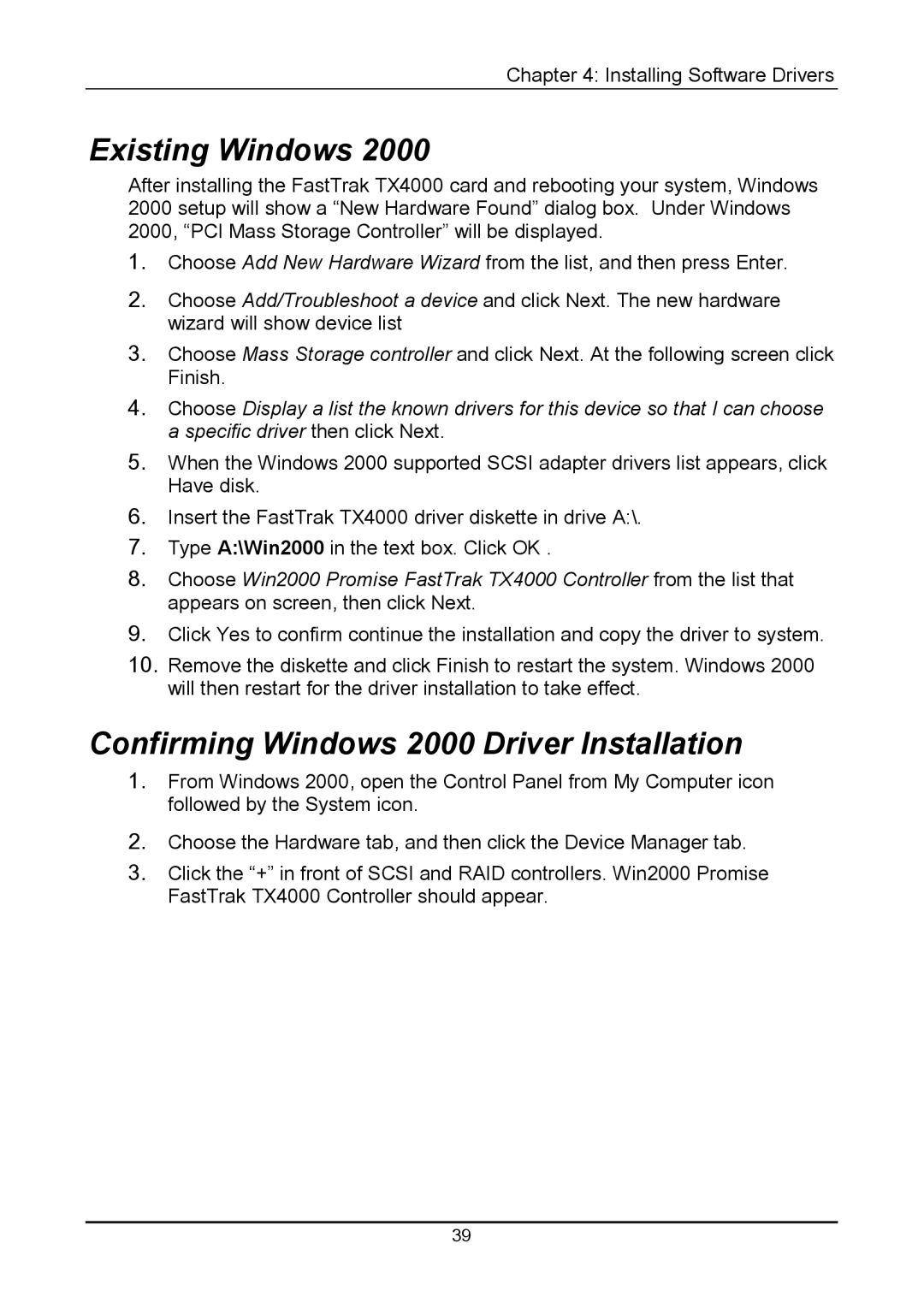 Promise Technology TX4000 user manual Existing Windows, Confirming Windows 2000 Driver Installation 