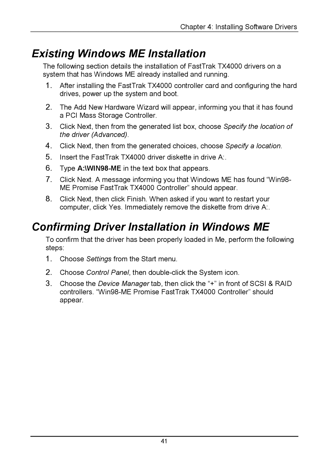 Promise Technology TX4000 user manual Existing Windows ME Installation, Confirming Driver Installation in Windows ME 