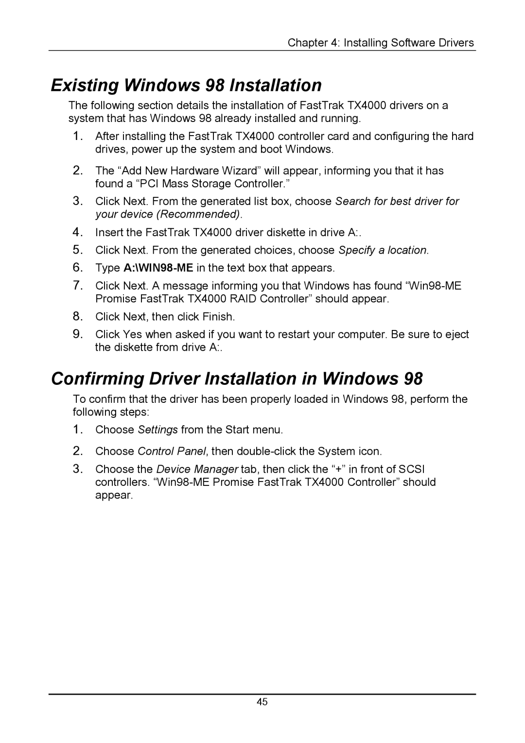 Promise Technology TX4000 user manual Existing Windows 98 Installation, Confirming Driver Installation in Windows 