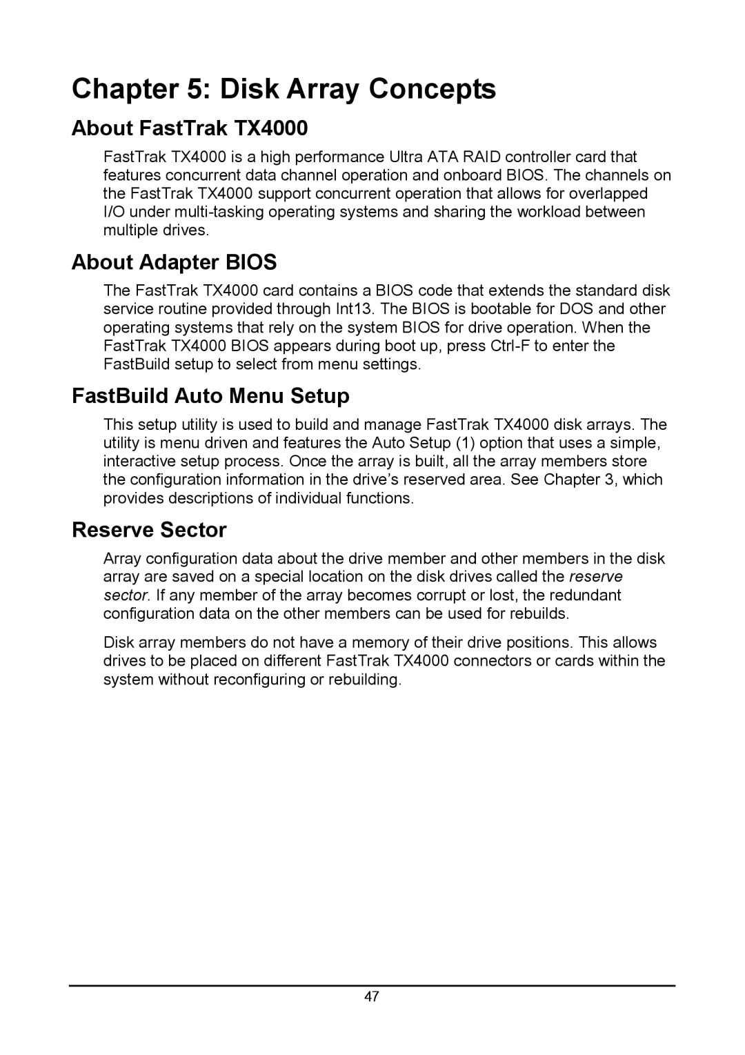 Promise Technology user manual Disk Array Concepts, About FastTrak TX4000, About Adapter Bios, FastBuild Auto Menu Setup 