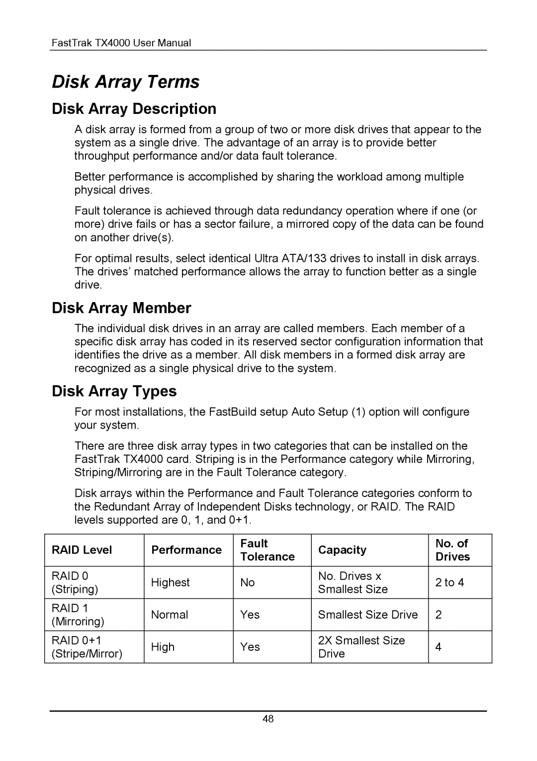 Promise Technology TX4000 user manual Disk Array Terms, Disk Array Description, Disk Array Member, Disk Array Types 