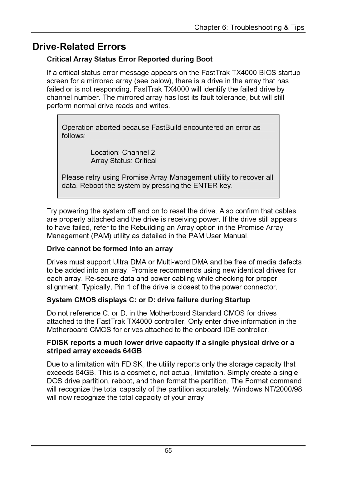 Promise Technology TX4000 user manual Drive-Related Errors, Critical Array Status Error Reported during Boot 