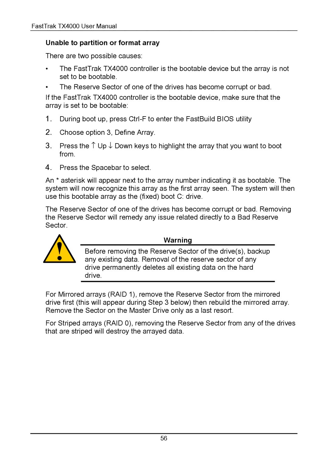 Promise Technology TX4000 user manual Unable to partition or format array 