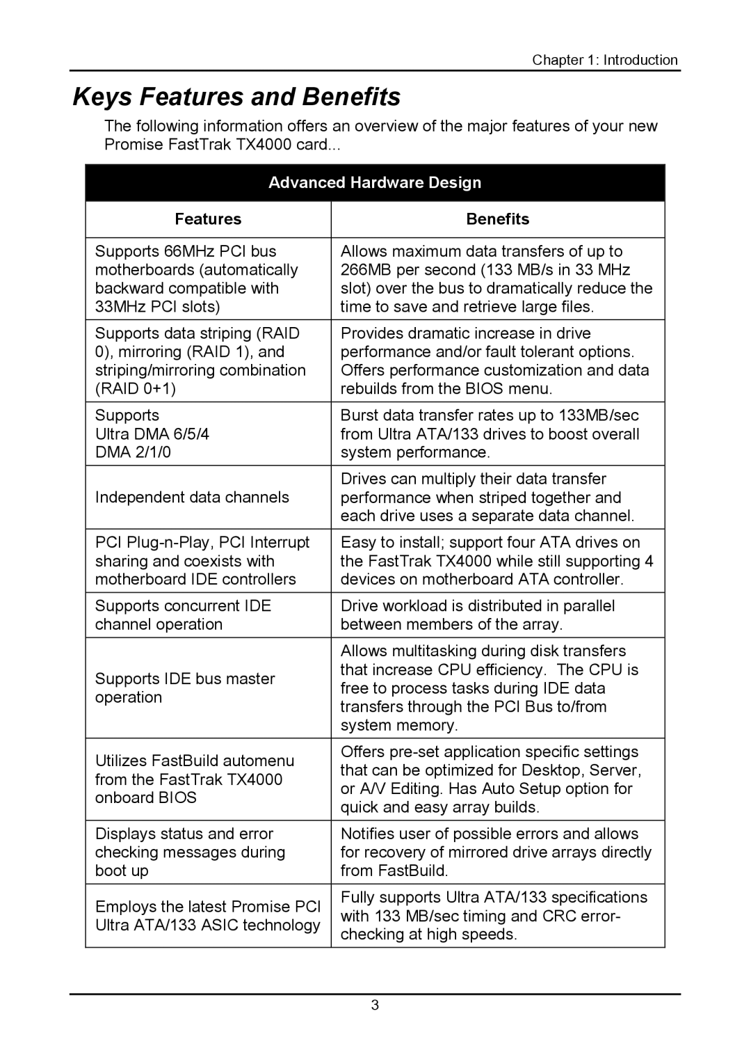 Promise Technology TX4000 user manual Keys Features and Benefits, Features Benefits 