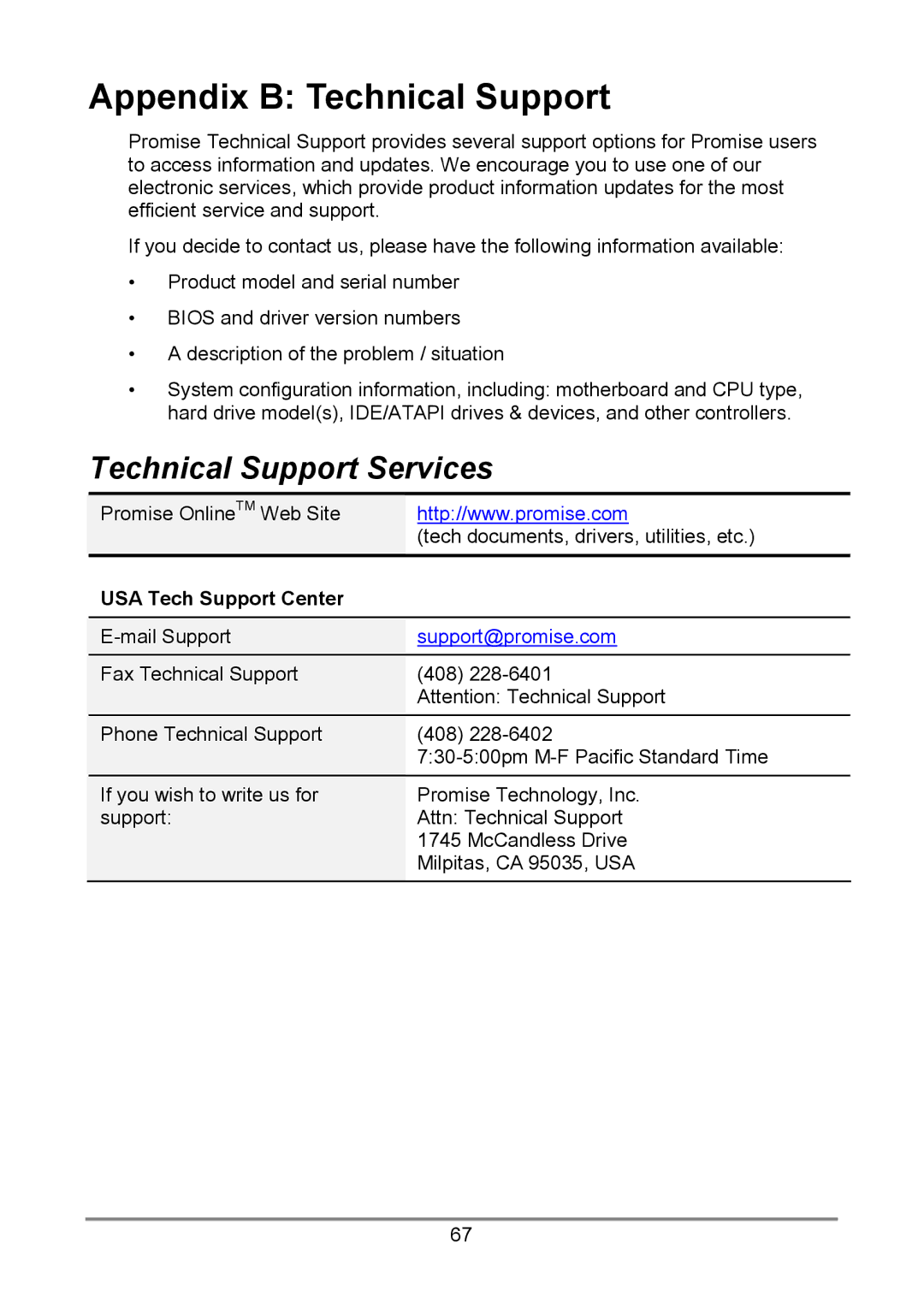 Promise Technology TX4000 user manual Appendix B Technical Support, Technical Support Services, USA Tech Support Center 