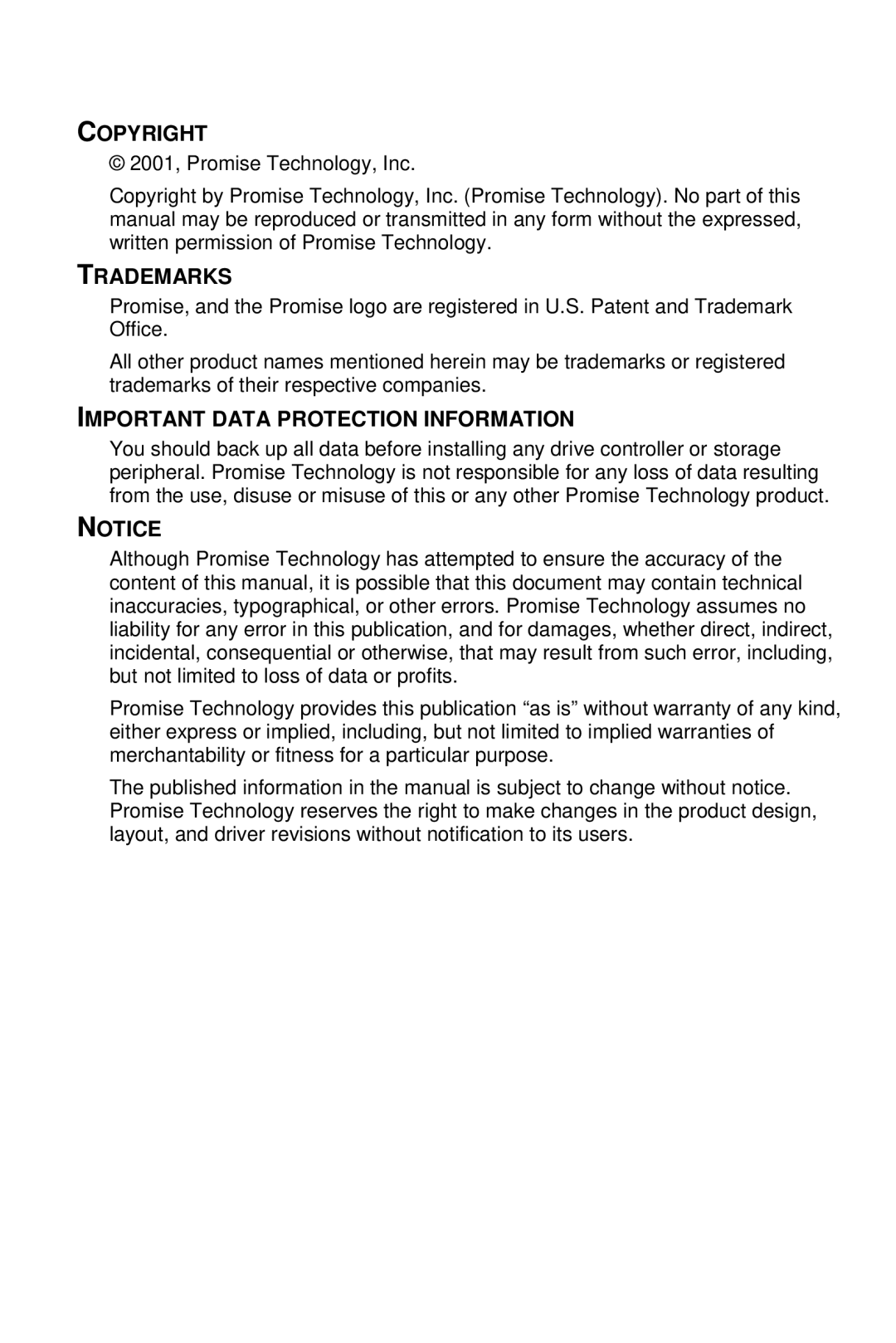 Promise Technology TX8, TX4 user manual Copyright, Trademarks, Important Data Protection Information 