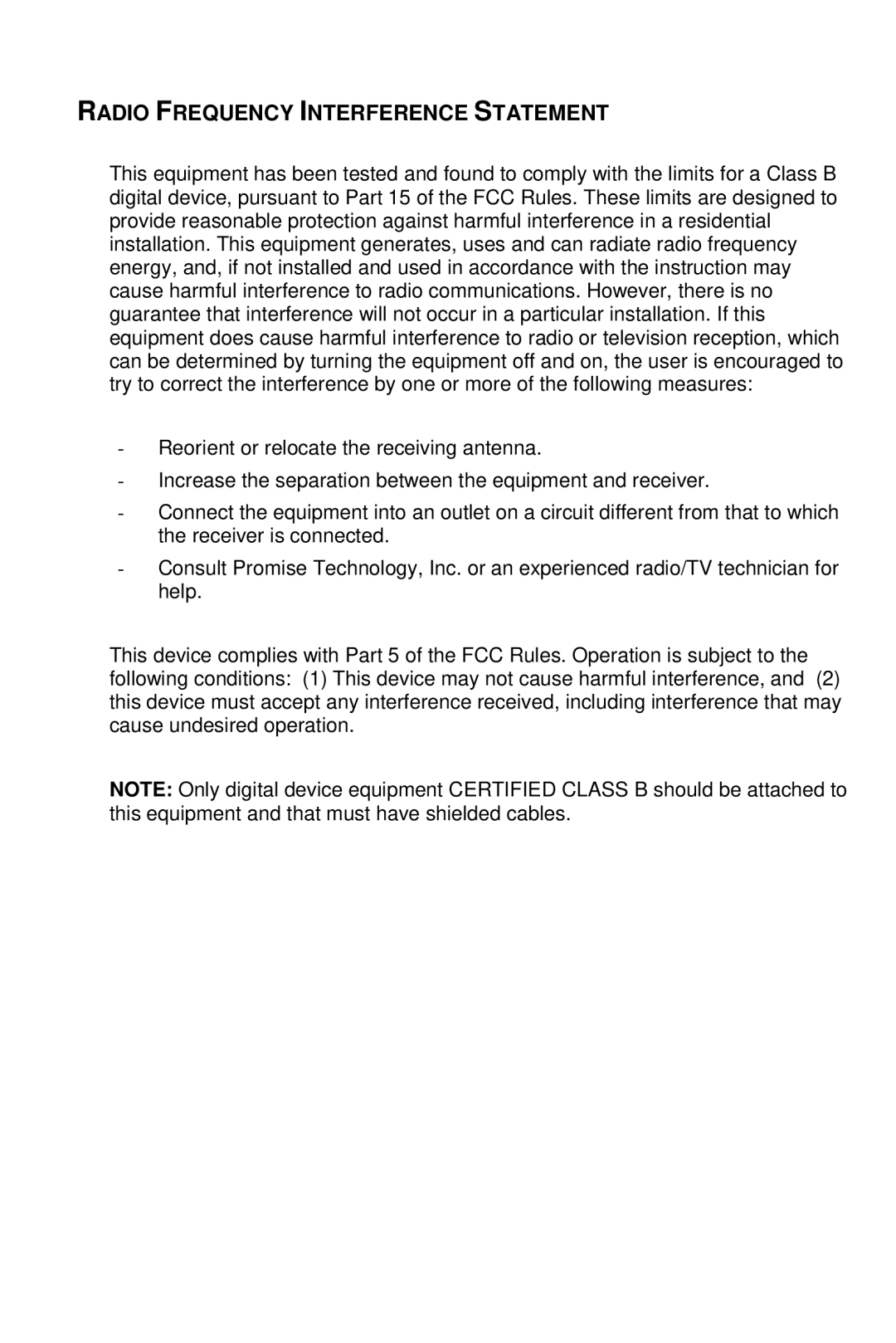 Promise Technology TX4, TX8 user manual Radio Frequency Interference Statement 