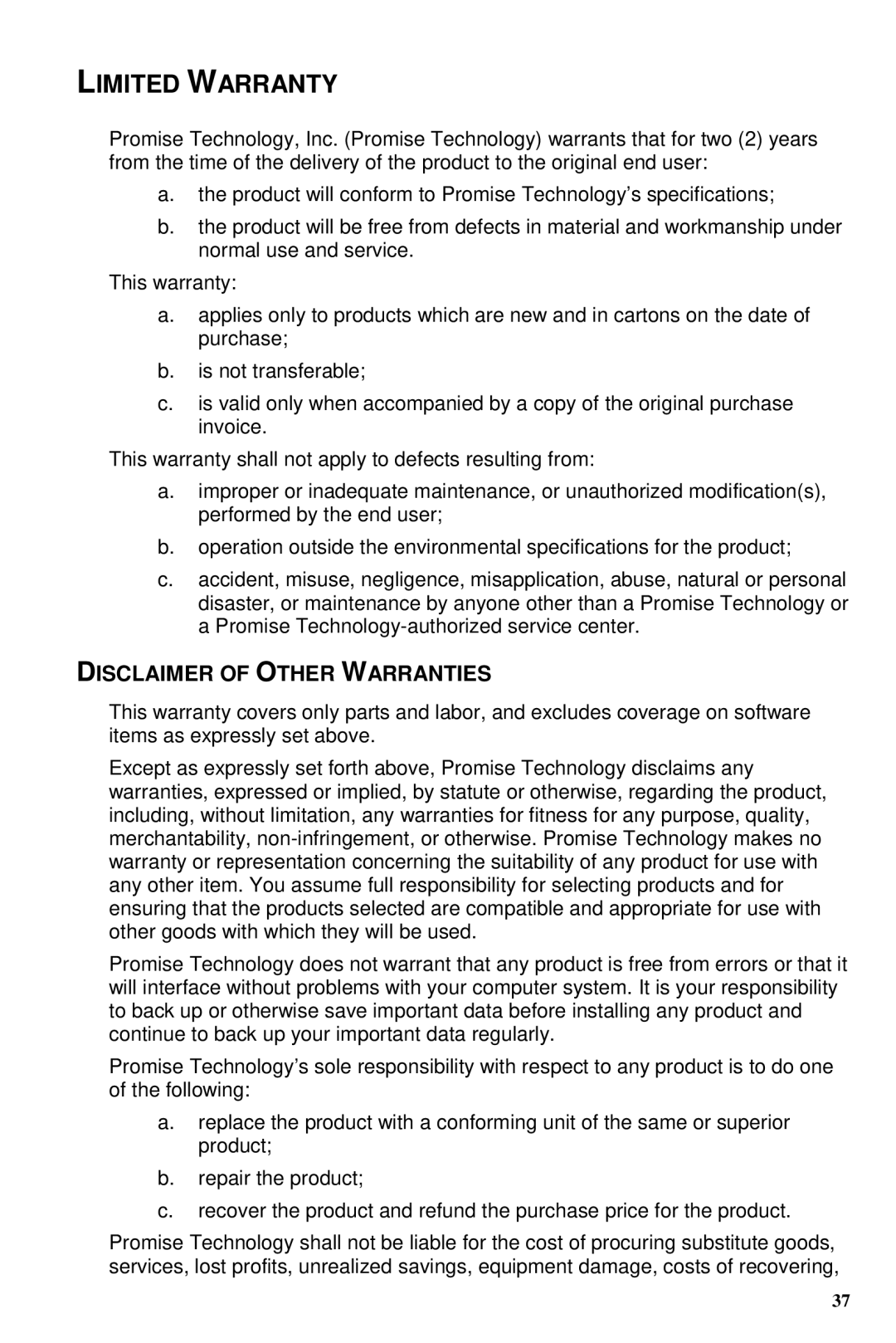 Promise Technology TX4, TX8 user manual Limited Warranty, Disclaimer of Other Warranties 