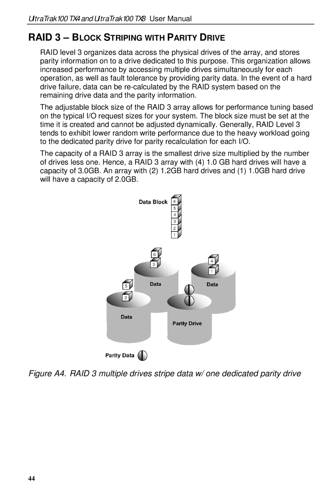 Promise Technology TX8, TX4 user manual RAID 3 Block Striping with Parity Drive 