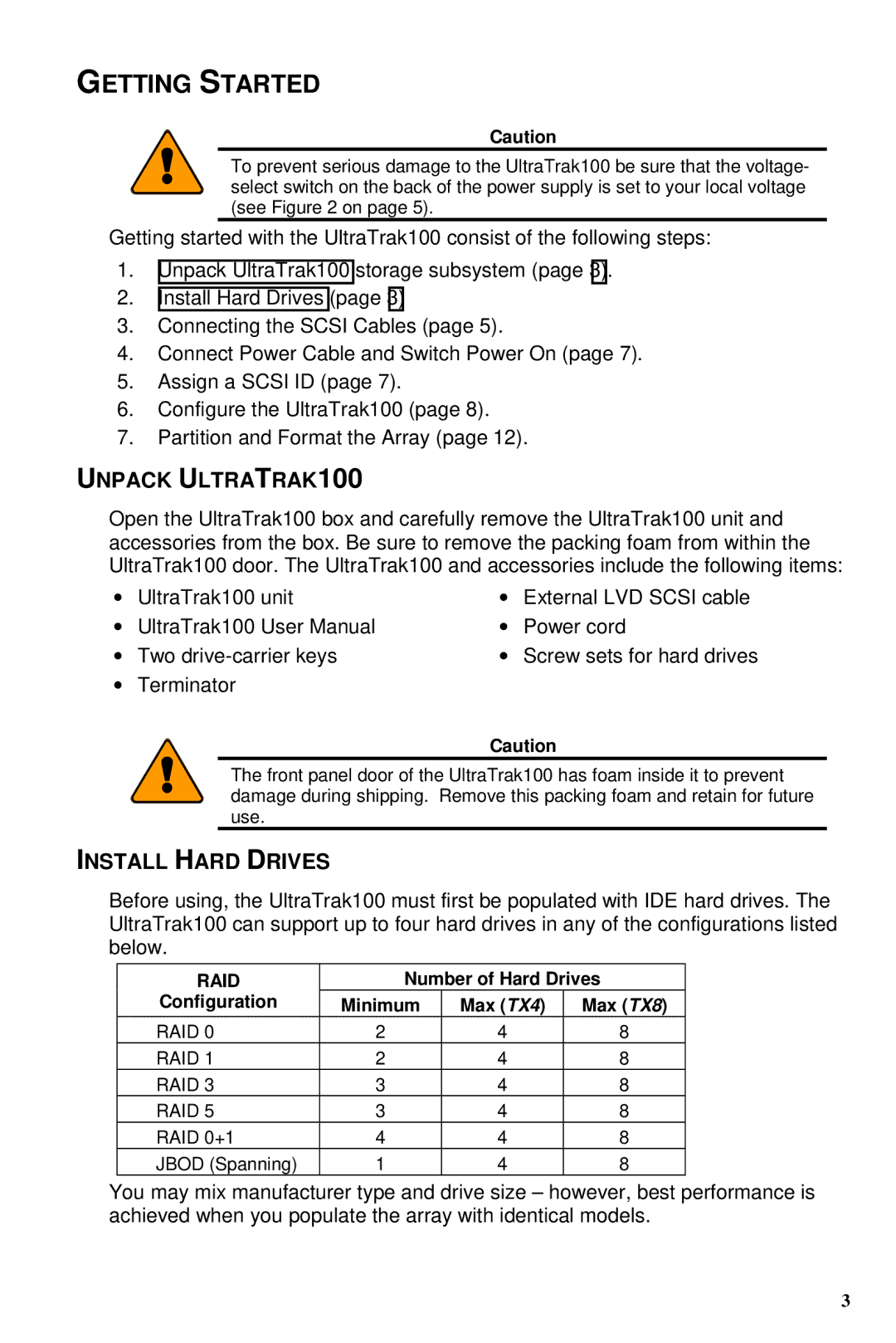 Promise Technology TX4 Getting Started, Unpack ULTRATRAK100, Install Hard Drives, Number of Hard Drives, Configuration 