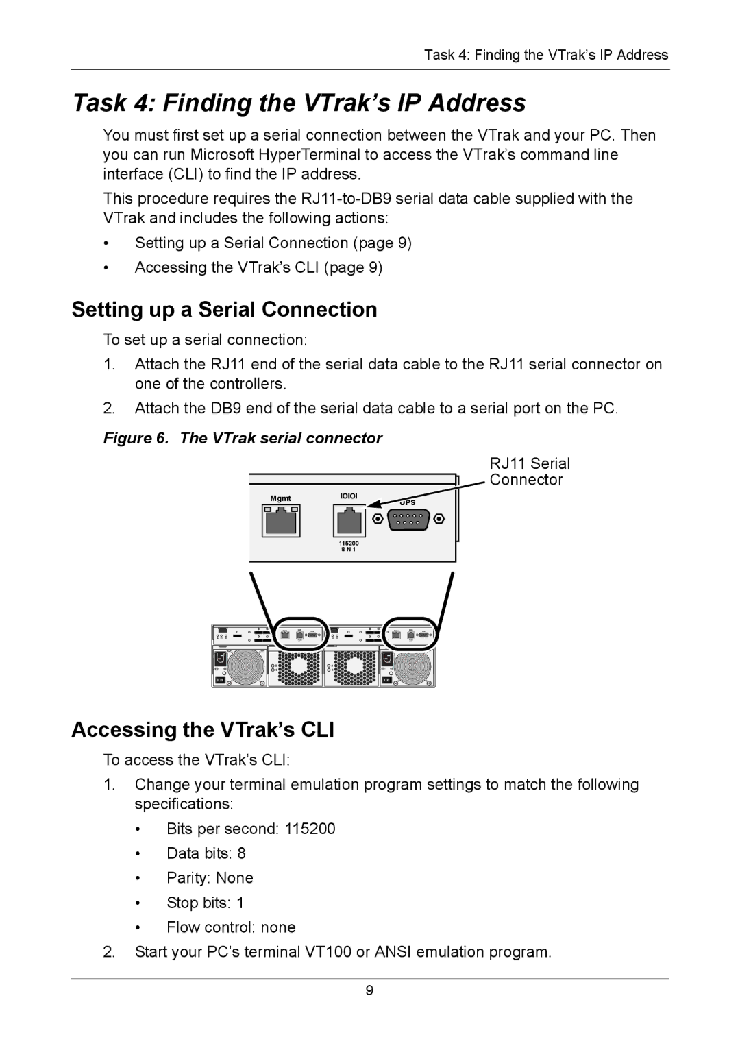 Promise Technology vERSION 0.81 manual Task 4 Finding the VTrak’s IP Address, Setting up a Serial Connection 