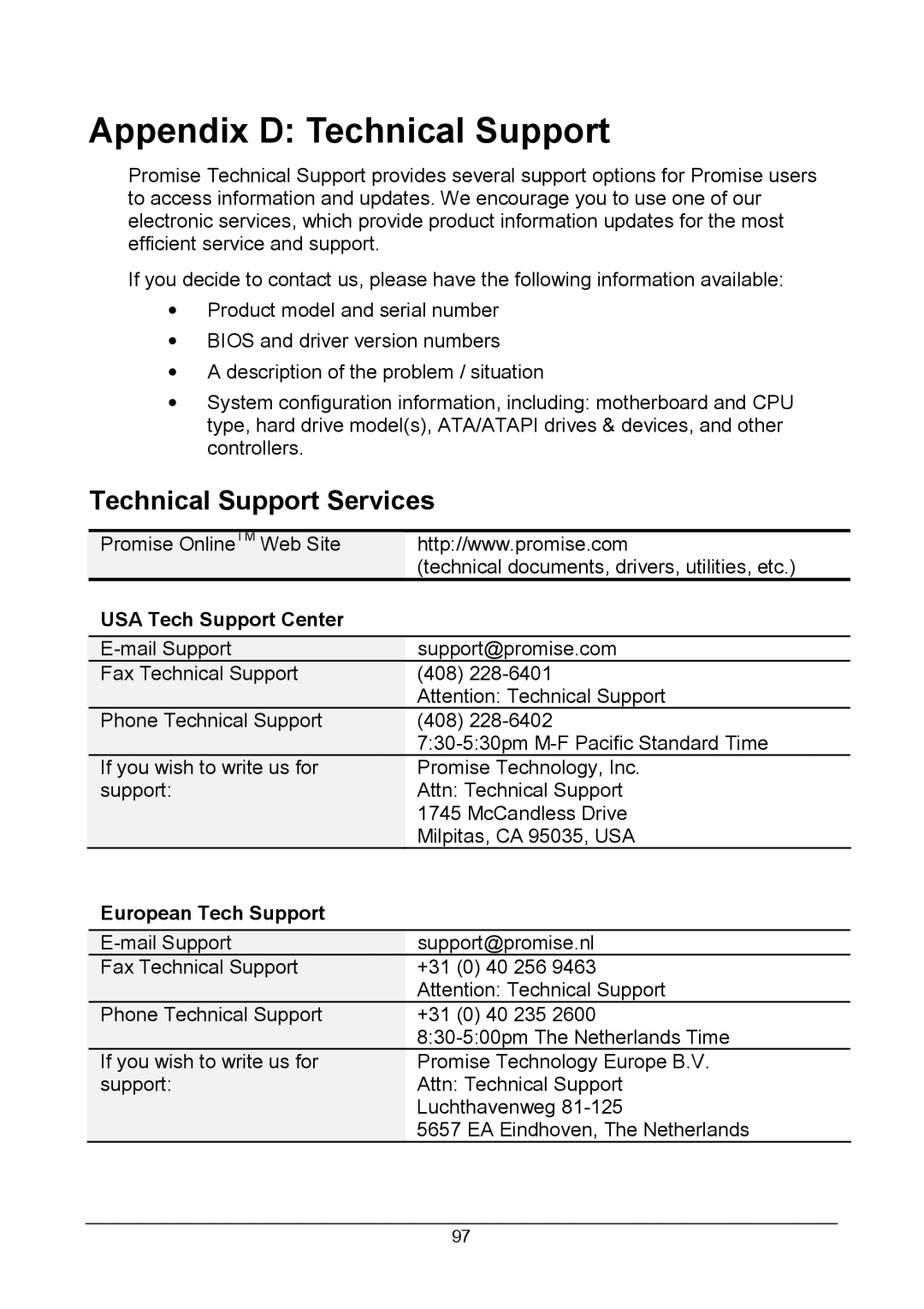 Promise Technology Version 4.4 user manual Appendix D Technical Support, Technical Support Services 