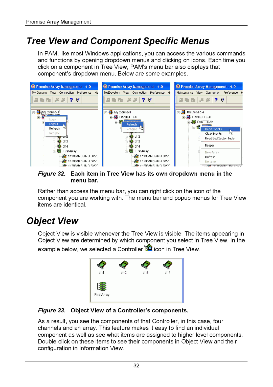 Promise Technology Version 4.4 user manual Tree View and Component Specific Menus, Object View 