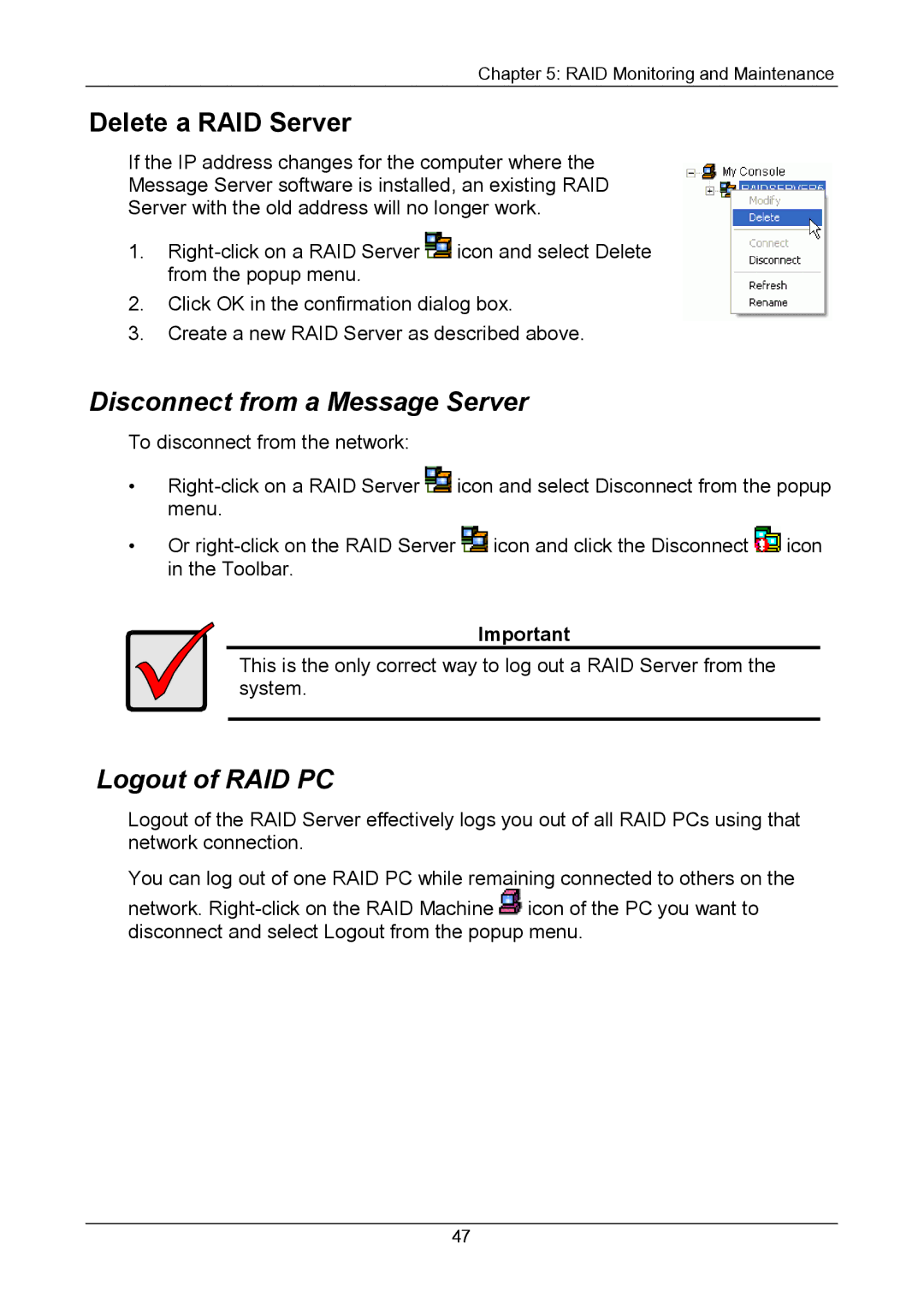 Promise Technology Version 4.4 user manual Delete a RAID Server, Disconnect from a Message Server, Logout of RAID PC 