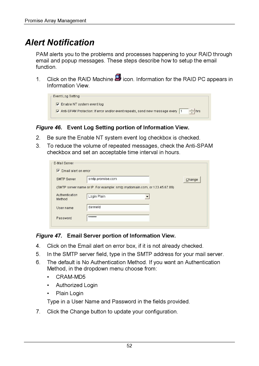 Promise Technology Version 4.4 user manual Alert Notification, Event Log Setting portion of Information View 