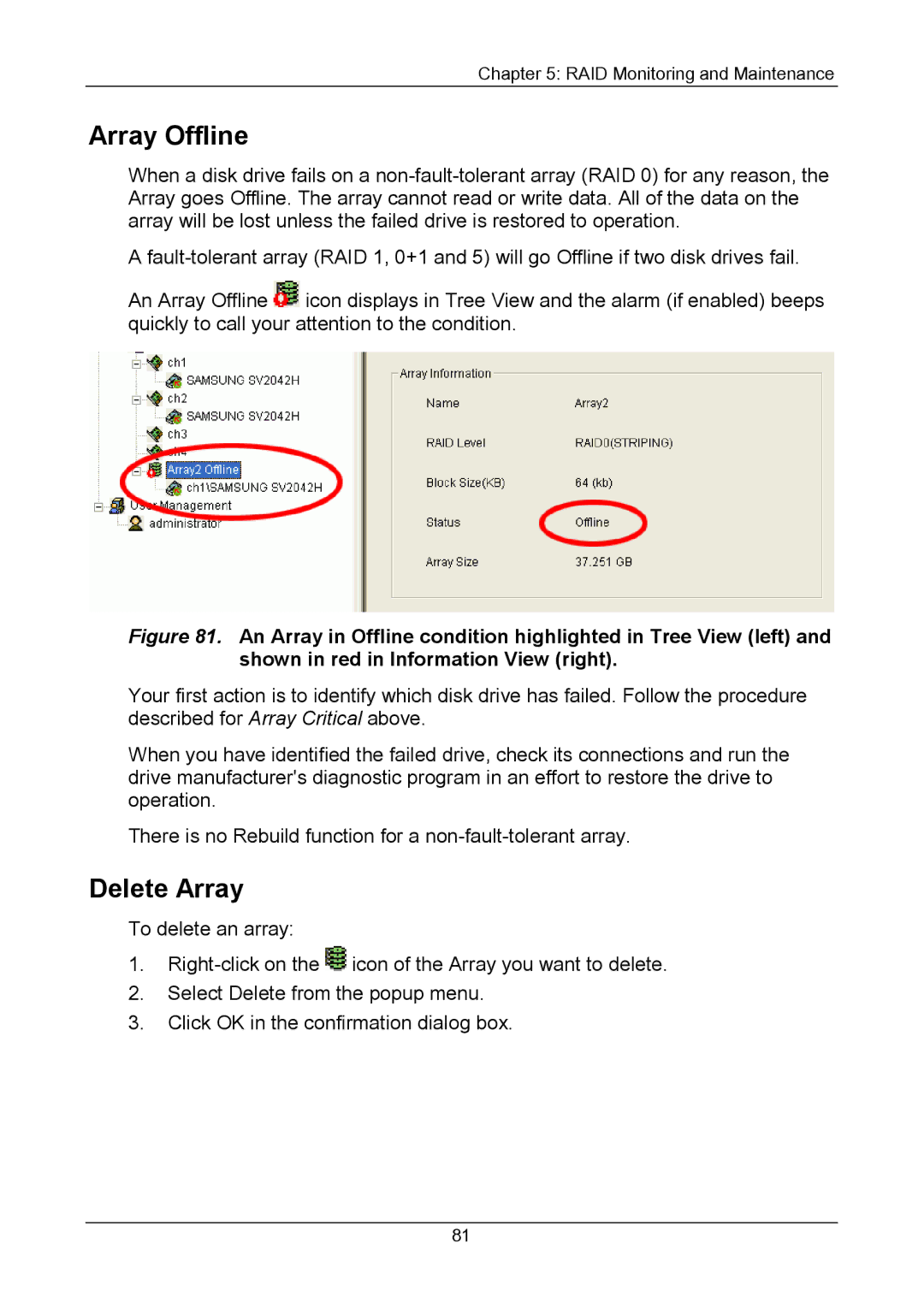 Promise Technology Version 4.4 user manual Array Offline, Delete Array 